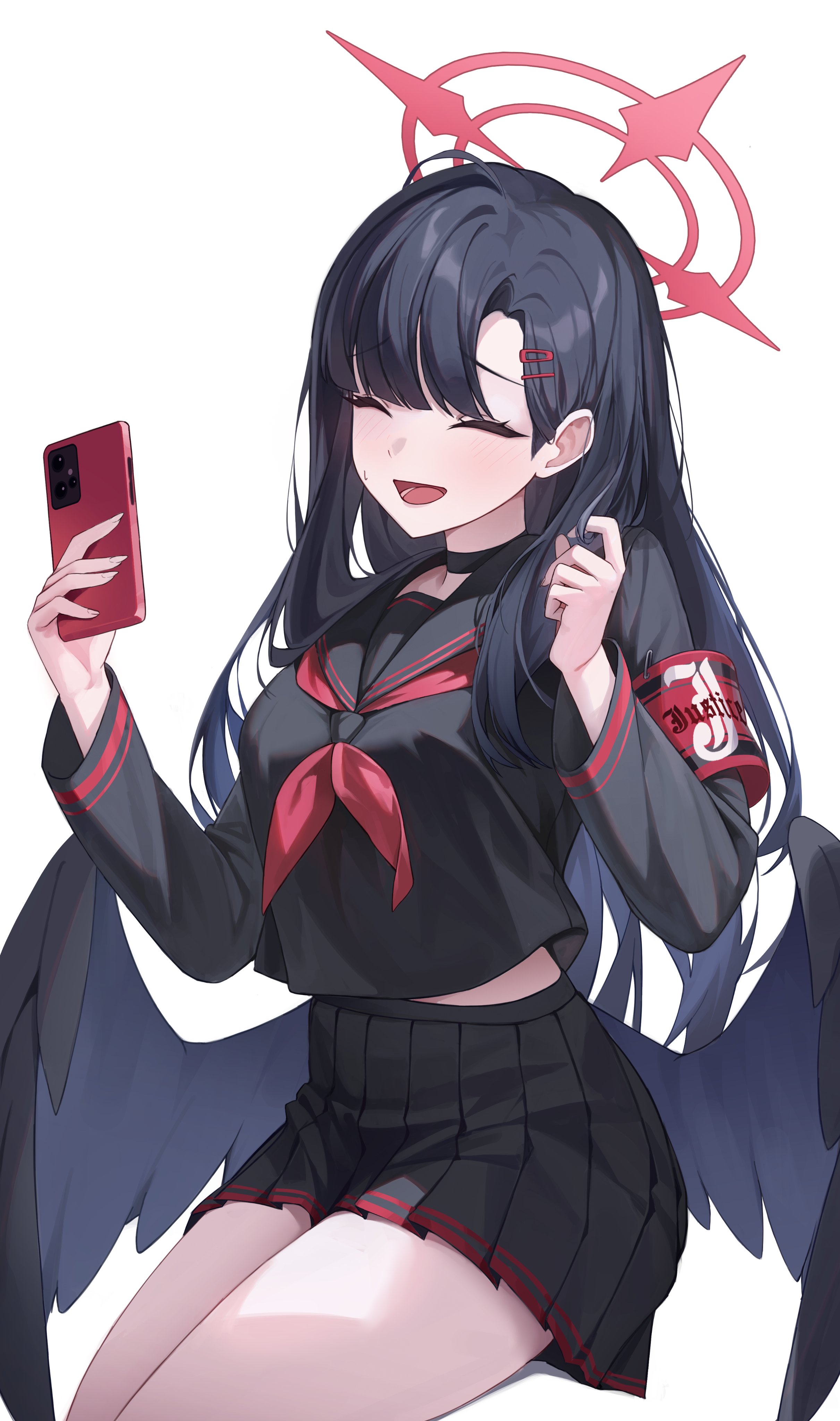 jw (wrdawrda), ichika (blue archive), blue archive, absurdres, commentary, highres, symbol-only commentary, 1girl, :d, ^ ^, armband, black hair, black sailor collar, black shirt, black skirt, black wings, blush, cellphone, closed eyes, cowboy shot, feathered wings, hair ornament, hairclip, halo, hands up, holding, holding phone, long hair, long sleeves, low wings, miniskirt, neckerchief, open mouth, phone, playing with own hair, pleated skirt, red armband, red halo, red neckerchief, sailor collar, school uniform, serafuku, shirt, simple background, skirt, smartphone, smile, solo, sweatdrop, thighs, white background, wings