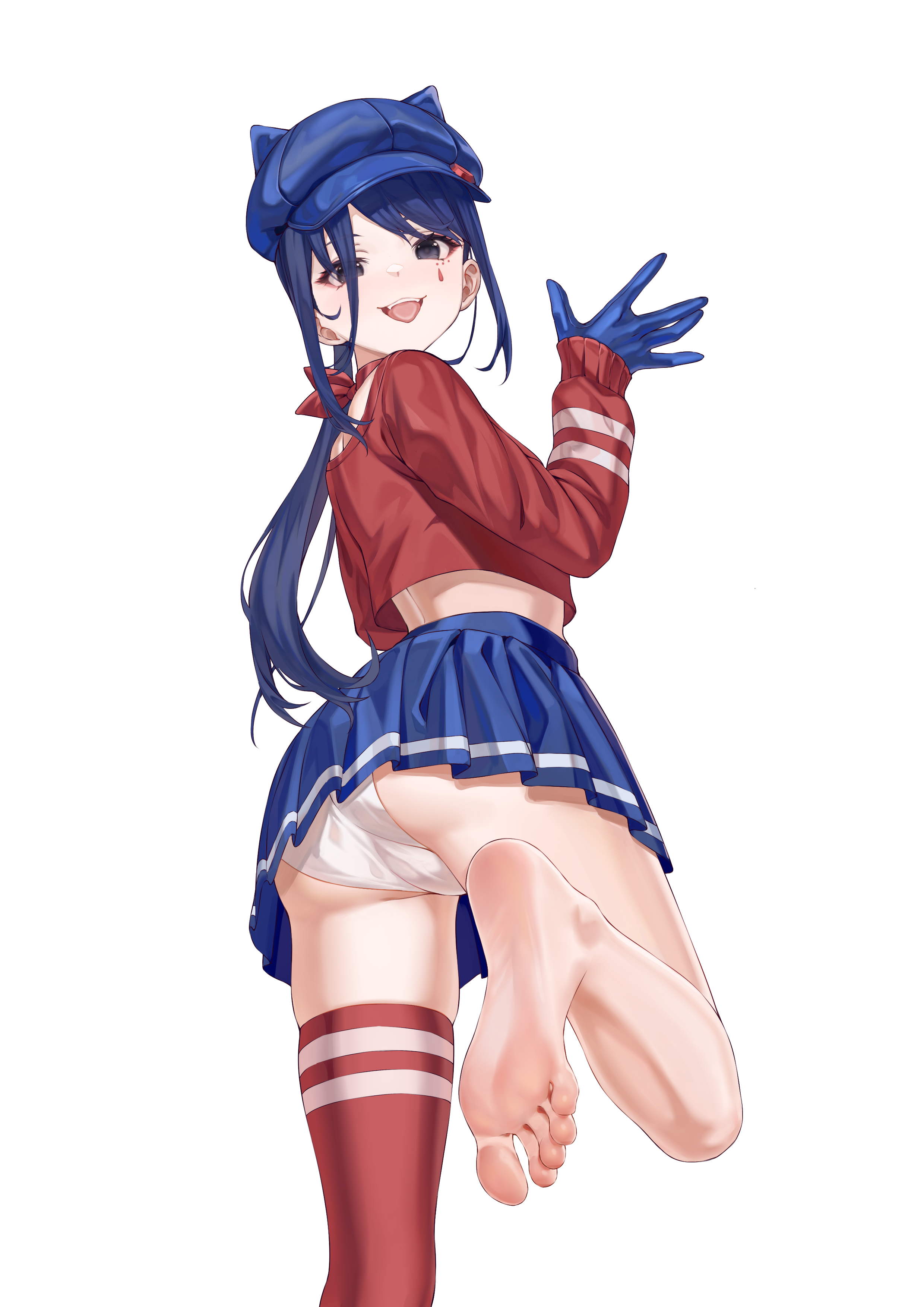 xo (xo17800108), cool mita (miside), mita (miside), miside, absurdres, highres, 1girl, ass, barefoot, black eyes, blue hair, cursor, feet, hat, long hair, looking at viewer, open mouth, panties, pantyshot, rubber duck, soles, toes, transparent background, underwear, upskirt