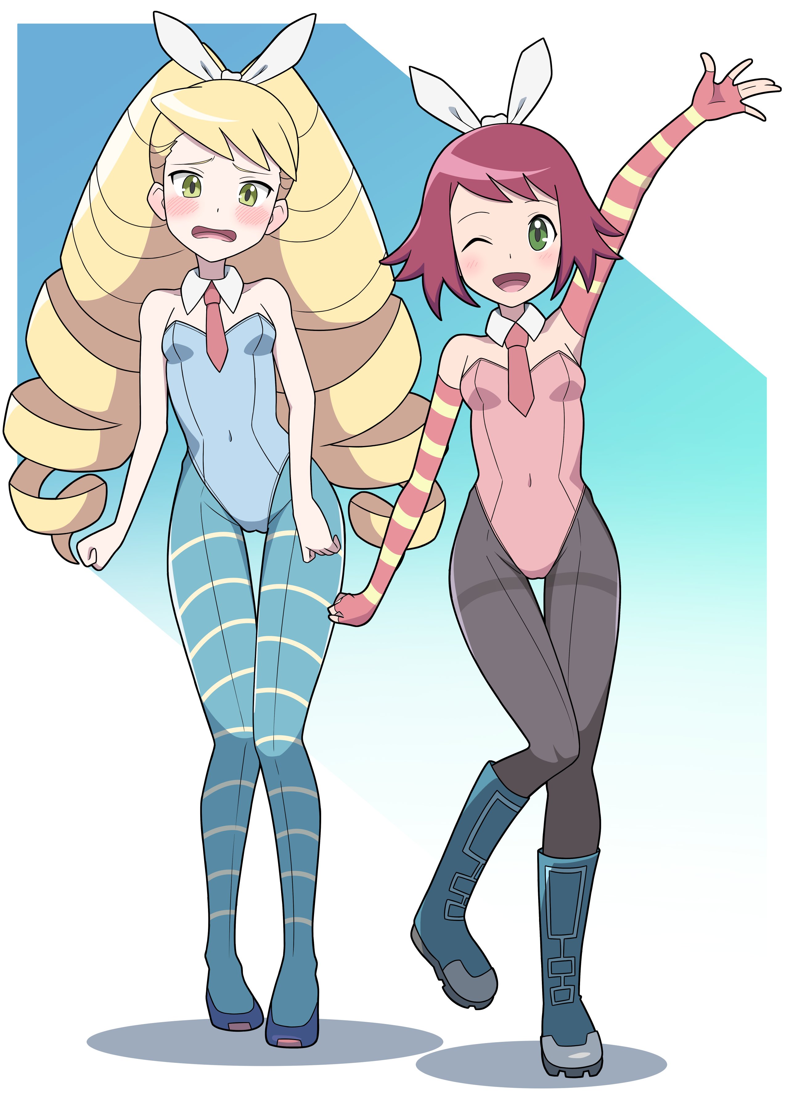 araki megami, luna platz (mega man), sonia (pokemon), mega man (series), mega man star force (series), absurdres, highres, 2girls, alternate costume, breasts, leotard, multiple girls, small breasts