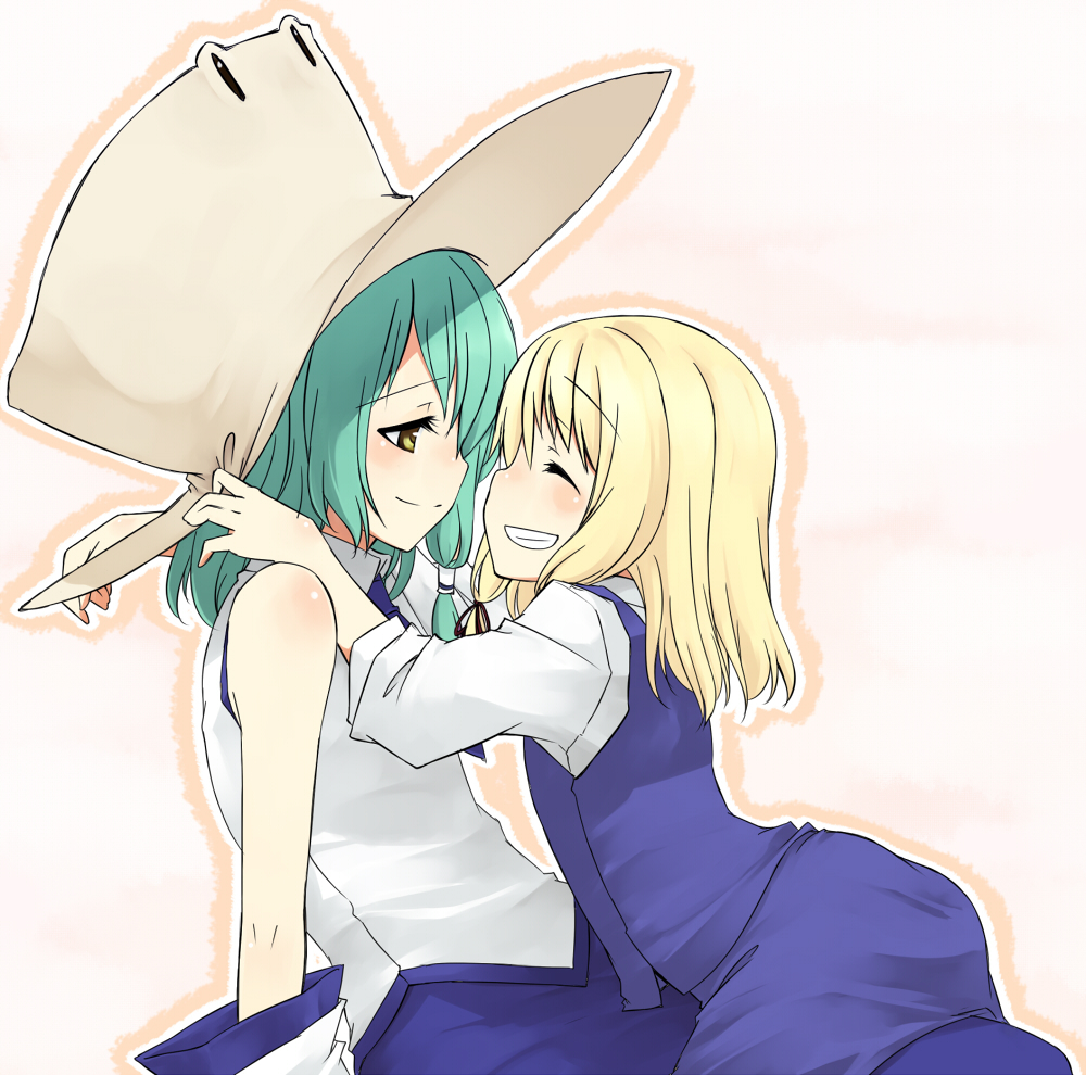 sakuraba yuuki, kochiya sanae, moriya suwako, touhou, 2girls, blonde hair, blush, closed eyes, female focus, green hair, grin, happy, hat, hug, multiple girls, simple background, smile