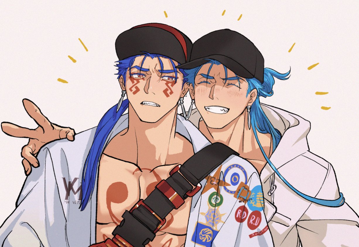 iash, cu chulainn (caster) (fate), cu chulainn (fate), cu chulainn (tropical rune summer) (fate), cu chulainn alter (fate), cu chulainn alter (under the same sky) (fate), fate/grand order, fate (series), 2boys, baseball cap, black hat, blue hair, blush, closed eyes, dual persona, earrings, facial mark, half updo, hat, jacket, jewelry, long hair, male focus, multiple boys, open clothes, open jacket, ponytail, red eyes, simple background, smile, upper body, v, white background, white jacket