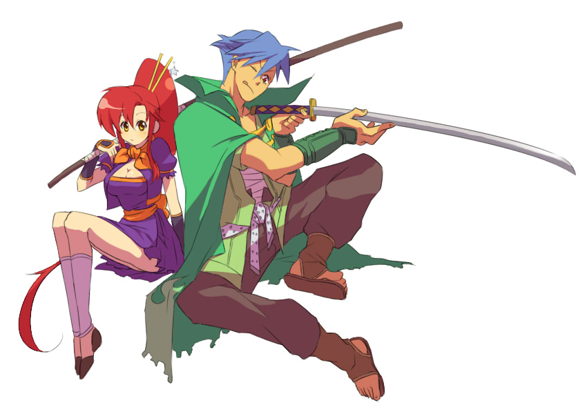sako (namocake), kamina (ttgl), yoko littner, tengen toppa gurren lagann, tengen toppa gurren lagann: parallel works, 00s, blue hair, katana, red hair, sword, weapon