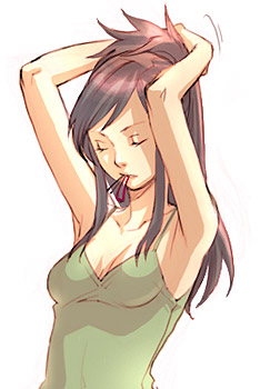 kobashi, ema skye, ace attorney, apollo justice: ace attorney, capcom, lowres, 1girl, adjusting hair, armpits, brown hair, casual, closed eyes, long hair, mouth hold