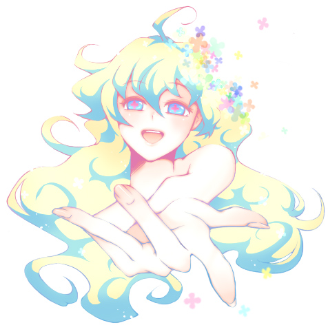 sako (namocake), nia teppelin, tengen toppa gurren lagann, lowres, 00s, ahoge, flower, foreshortening, smile, solo