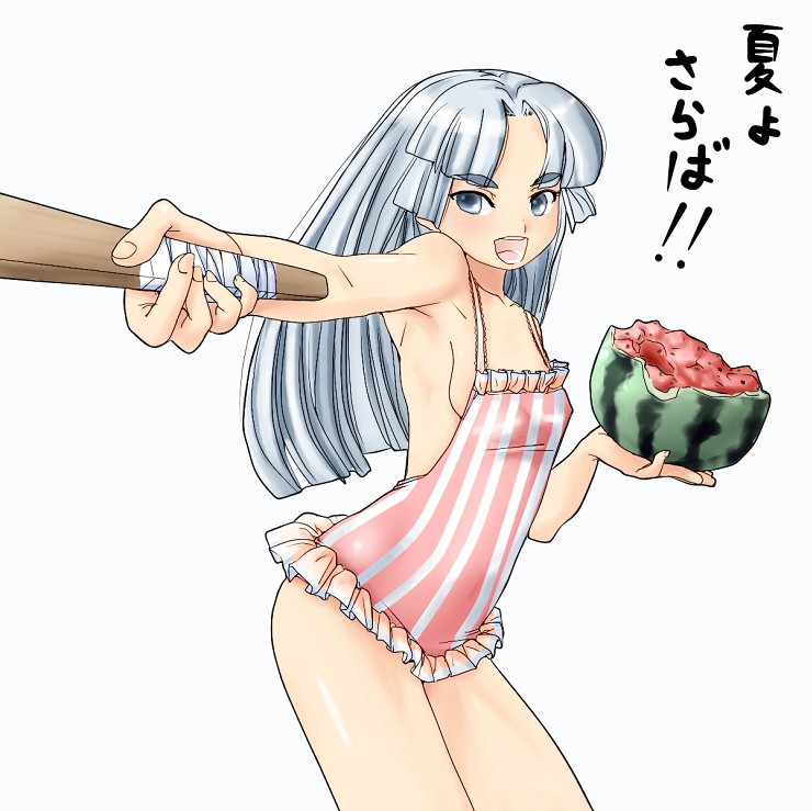 asakura ryoko, suzumiya haruhi no yuuutsu, translation request, 00s, 1girl, blue eyes, blue hair, breasts, casual one-piece swimsuit, female focus, food, fruit, holding, holding food, holding fruit, holding watermelon, matching hair/eyes, one-piece swimsuit, sideboob, small breasts, solo, suikawari, swimsuit, watermelon