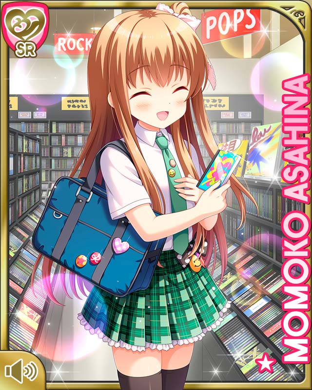 qp:flapper, asahina momoko, girlfriend (kari), official art, tagme, 1girl, :d, black thighhighs, brown hair, card (medium), character name, closed eyes, day, green necktie, green skirt, indoors, long hair, necktie, one side up, open mouth, plaid clothes, plaid skirt, red eyes, ribbon, school uniform, shirt, skirt, smile, solo, thighhighs, white shirt