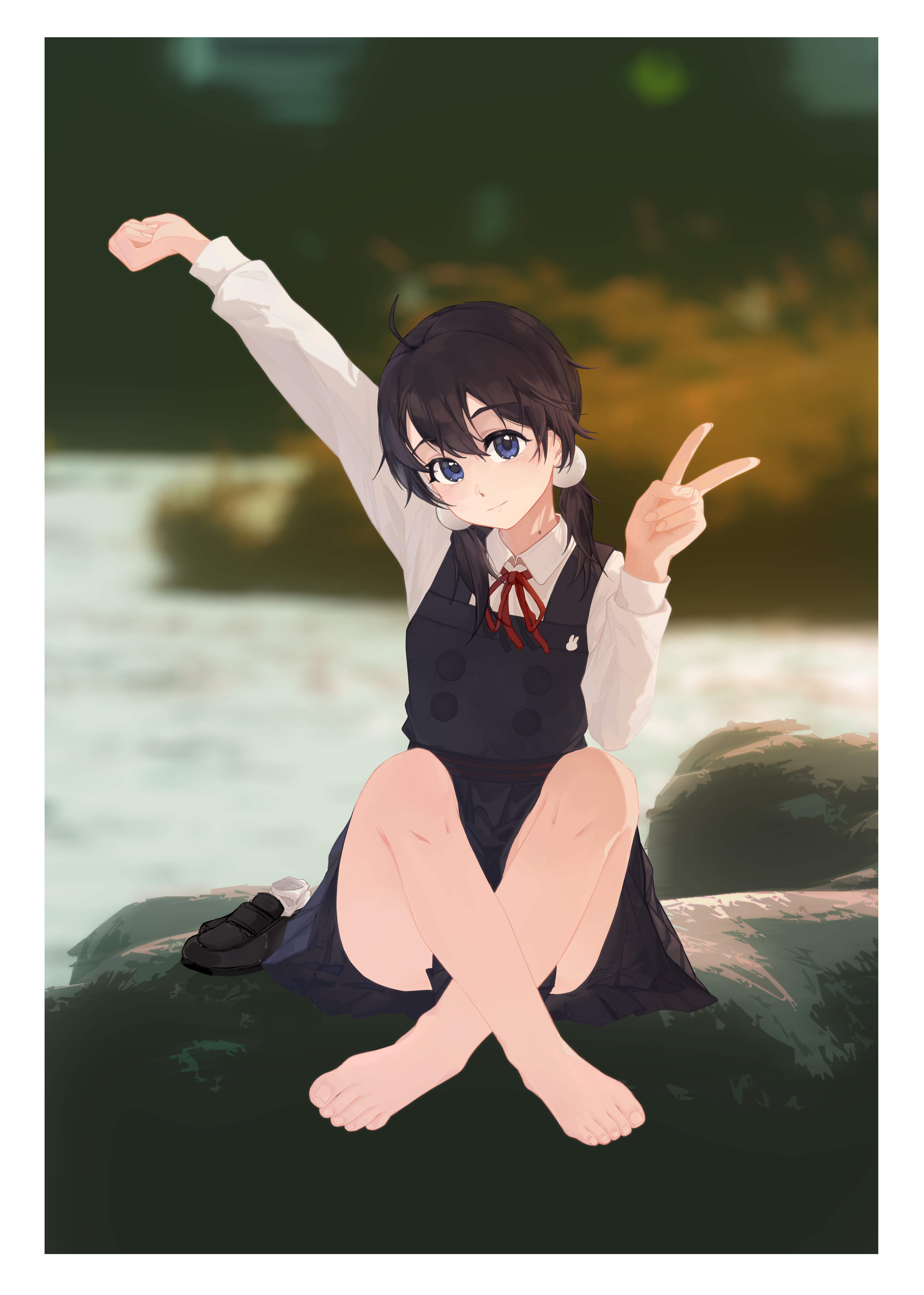 liangzhu chuan, kitashirakawa tamako, tamako love story, absurdres, highres, 1girl, barefoot, black hair, blue eyes, blush, feet, loafers, long hair, looking at viewer, shoes, socks, toes, unworn shoes, unworn socks, v