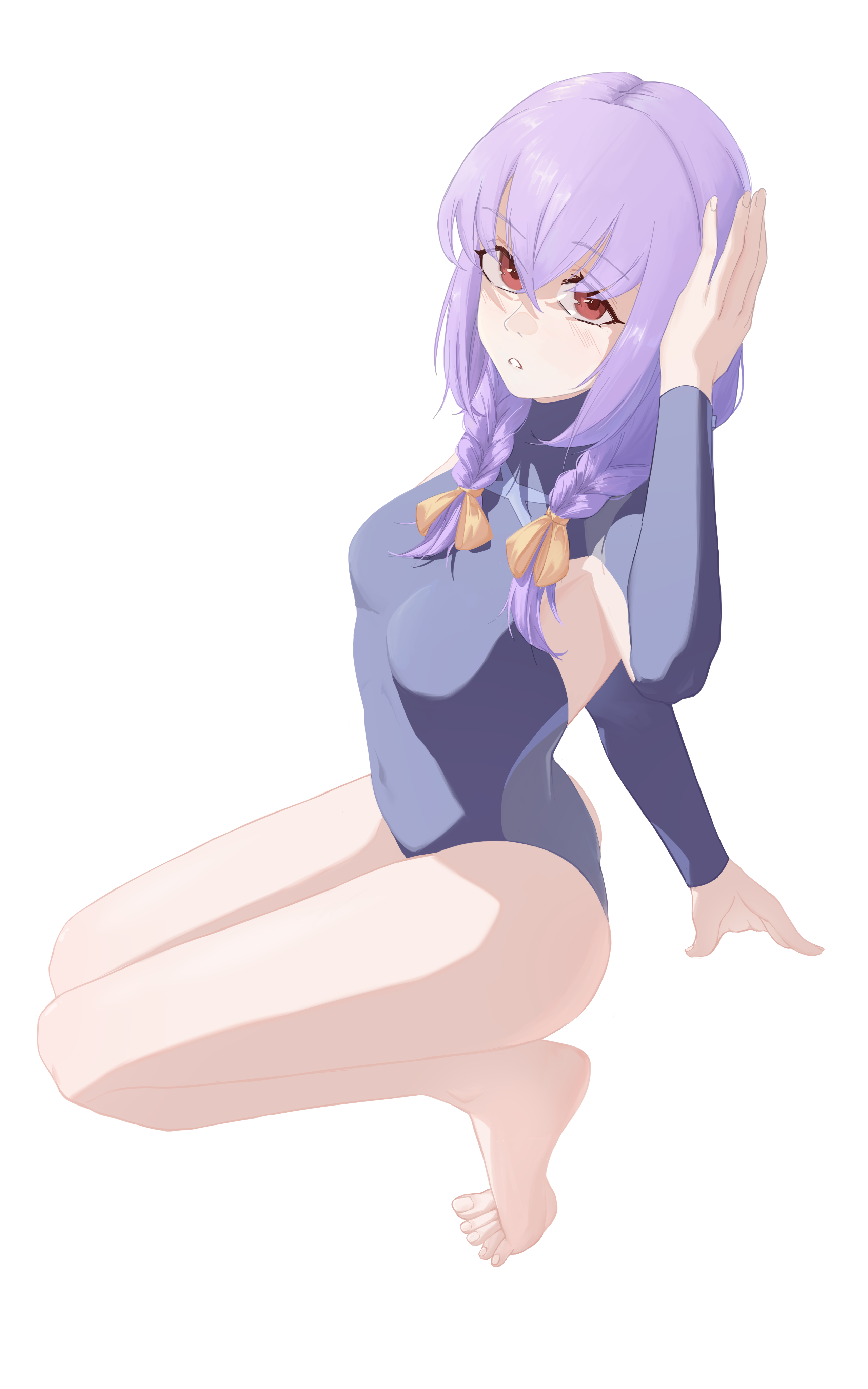 liangzhu chuan, atsuko (blue archive), blue archive, absurdres, highres, 1girl, barefoot, blush, feet, long hair, looking at viewer, parted lips, purple hair, red eyes, toes