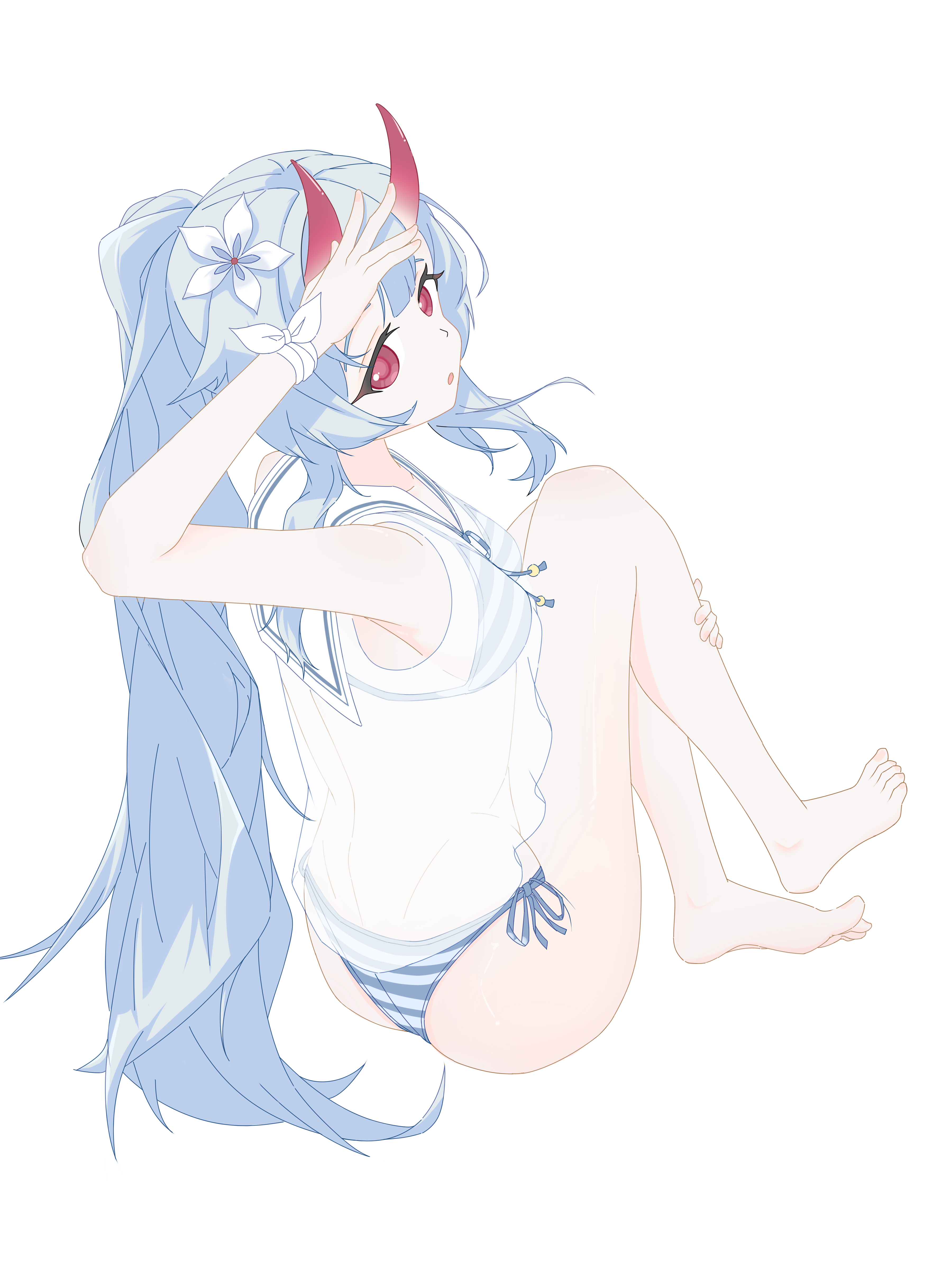liangzhu chuan, chise (blue archive), chise (swimsuit) (blue archive), blue archive, absurdres, highres, 1girl, barefoot, blue hair, feet, horns, long hair, looking at viewer, parted lips, ponytail, red eyes, soles, swimsuit, toes