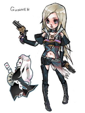 celes chere, gunner (final fantasy), gunner (sekaiju), setzer gabbiani, final fantasy, final fantasy vi, final fantasy x, final fantasy x-2, lowres, 00s, 1990s (style), blonde hair, card, chibi, floating card, gun, thighhighs, weapon, white hair
