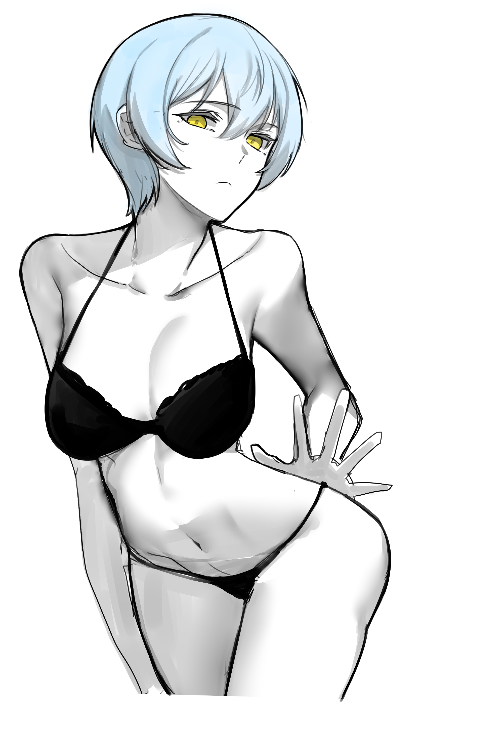 angela (project moon), library of ruina, project moon, absurdres, highres, armpit crease, blue hair, breasts, expressionless, hand on own hip, helseujang, knees out of frame, large breasts, limited palette, looking at viewer, navel, pale skin, thighs, underwear, yellow eyes