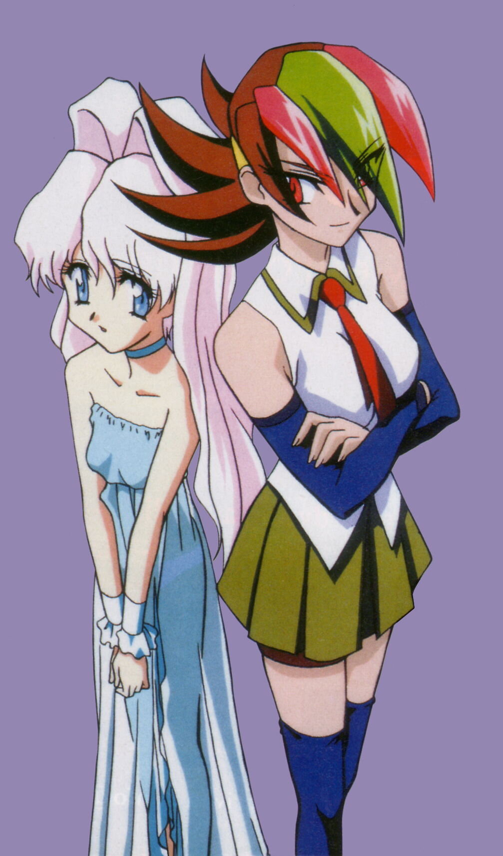 akamatsu sakura, sai hinoki, betterman, highres, 1990s (style), blue eyes, breasts, choker, colored bangs, dress, flat chest, large breasts, long hair, multicolored hair, necktie, pink hair, red eyes, retro artstyle, school uniform, serafuku, short hair, thigh strap, thighhighs, very long hair