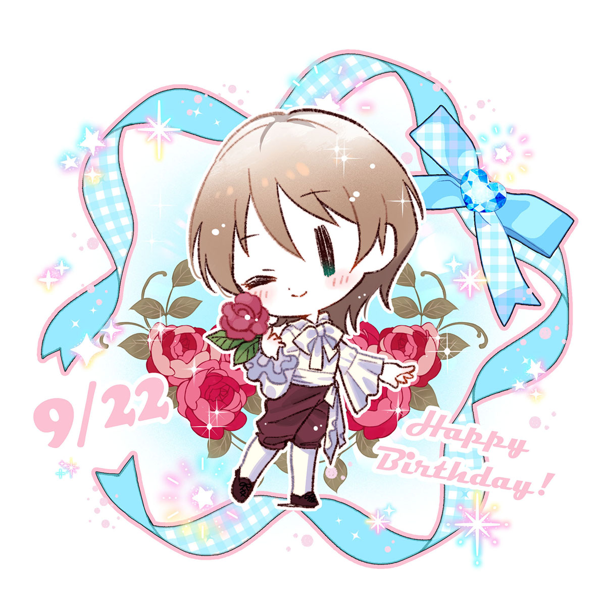harumiya yukuri, ikizulive! love live! bluebird, love live!, commentary request, highres, official art, 1girl, ;), blue gemstone, blue ribbon, brown hair, brown pants, chibi, chibi only, closed mouth, dated, flower, full body, gem, green eyes, happy birthday, heart-shaped gem, holding, holding flower, long sleeves, looking at viewer, one eye closed, pants, red flower, red rose, ribbon, rose, shirt, short hair, smile, solo, split mouth, standing, white shirt, | |