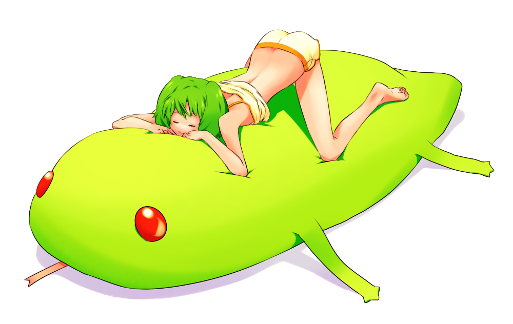sako (namocake), ranka lee, macross, macross frontier, bad id, bad pixiv id, 00s, barefoot, feet, green hair, short hair, shorts, sleeping, smile, solo, tank top