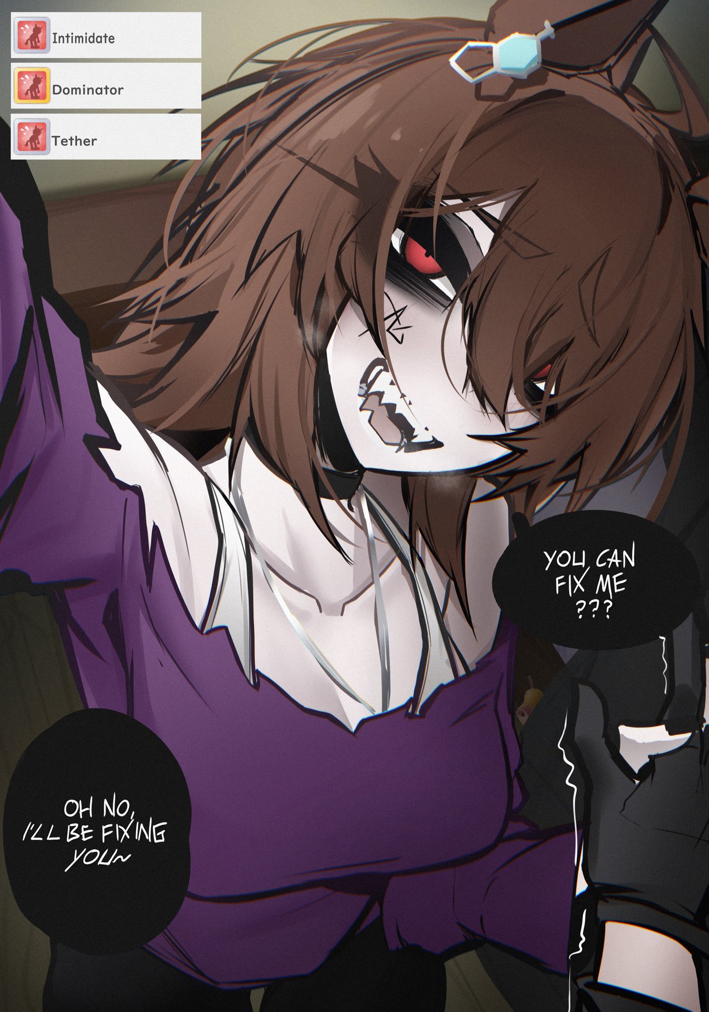 ace glitch, agnes tachyon (casual) (umamusume), agnes tachyon (umamusume), pearto, umamusume, commentary, english commentary, highres, 1girl, animal ear piercing, animal ears, arm out of frame, black choker, black gloves, breasts, brown hair, choker, cleavage, collarbone, constricted pupils, cowboy shot, english text, gloves, hair between eyes, hair over one eye, holding hands, horse ears, horse girl, jewelry, large breasts, looking at viewer, necklace, open mouth, parted bangs, pov, pov hands, purple shirt, red eyes, sharp teeth, shirt, short hair, smile, solo focus, speech bubble, talking, teeth