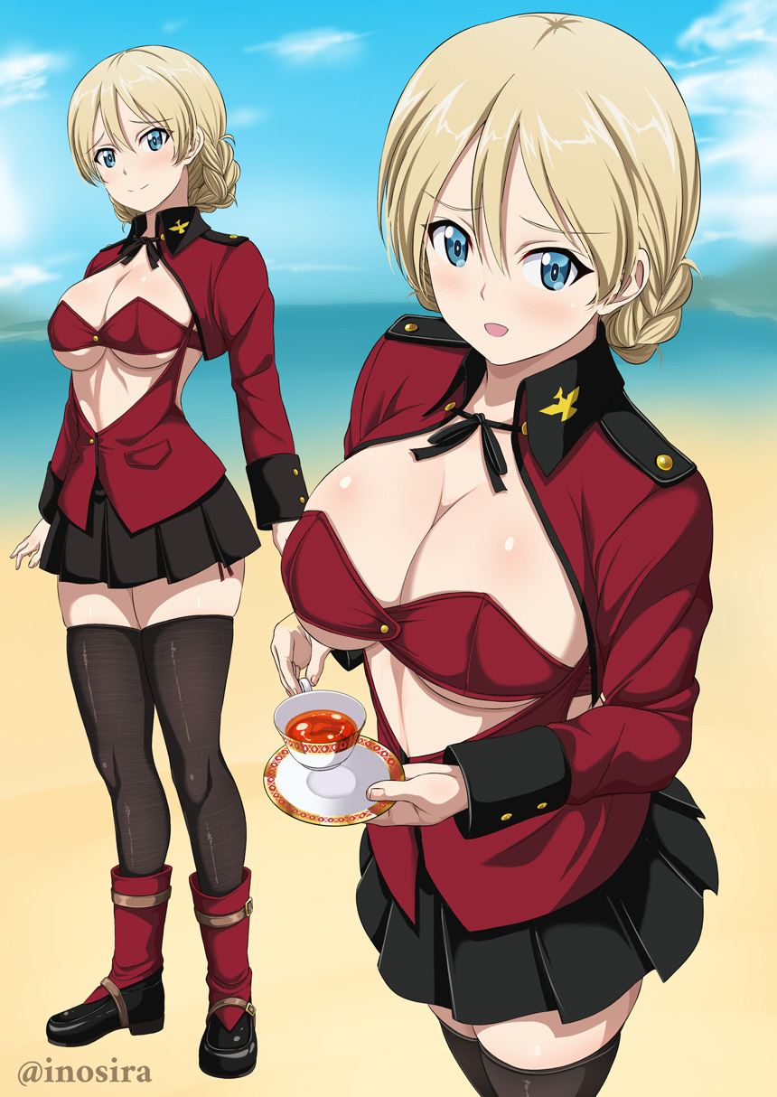 inoshira, darjeeling (girls und panzer), girls und panzer, commentary request, highres, 1girl, black ribbon, black skirt, black thighhighs, blonde hair, blue eyes, blue sky, bra, braid, cloud, cup, day, full body, hair between eyes, holding, holding cup, holding plate, jacket, long sleeves, military, military uniform, multiple views, neck ribbon, outdoors, plate, pleated skirt, red bra, red jacket, ribbon, sand, short hair, skirt, sky, st. gloriana's military uniform, standing, thighhighs, thighs, underwear