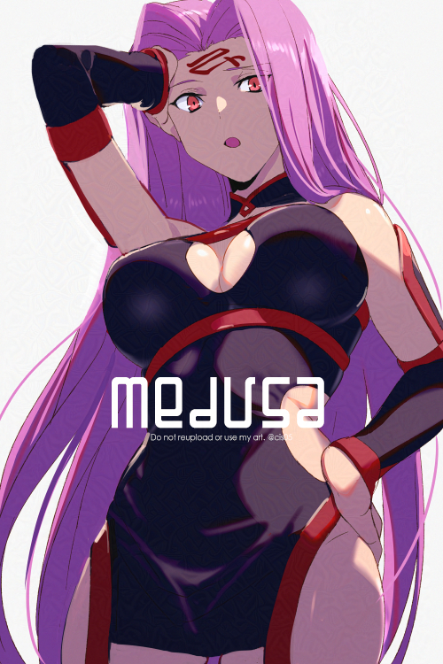 echo (circa), medusa (fate), medusa (rider) (fate), medusa (rider) (third ascension) (fate), fate/grand order, fate (series), 1girl, bare shoulders, black dress, breasts, character name, cleavage, collar, detached sleeves, dress, facial mark, forehead, forehead mark, large breasts, long hair, looking at viewer, open mouth, parted bangs, purple hair, red eyes, short dress, sidelocks, solo, thighs, very long hair