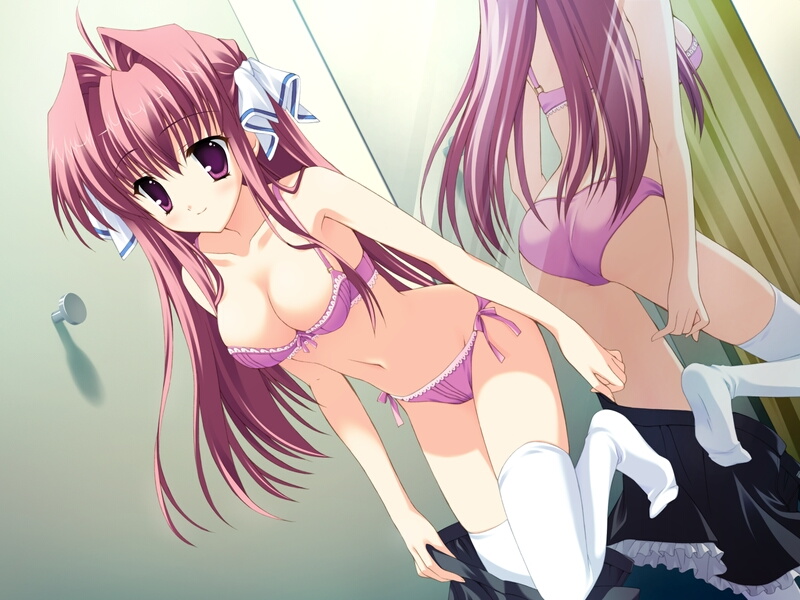 mitha, tsukimura miki, clear (visual novel), game cg, non-web source, 1girl, ass, bow, bow bra, bra, breasts, cleavage, female focus, kneeling, lingerie, long hair, mirror, panties, pink bra, pink eyes, pink hair, pink panties, reflection, side-tie panties, solo, thighhighs, underwear, underwear only, undressing