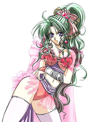 tina branford, final fantasy, final fantasy vi, lowres, 1990s (style), 1girl, blue eyes, bow, female focus, gloves, green hair, jewelry, leotard, long hair, necklace, pink bow, red leotard, retro artstyle, solo, thighhighs, very long hair