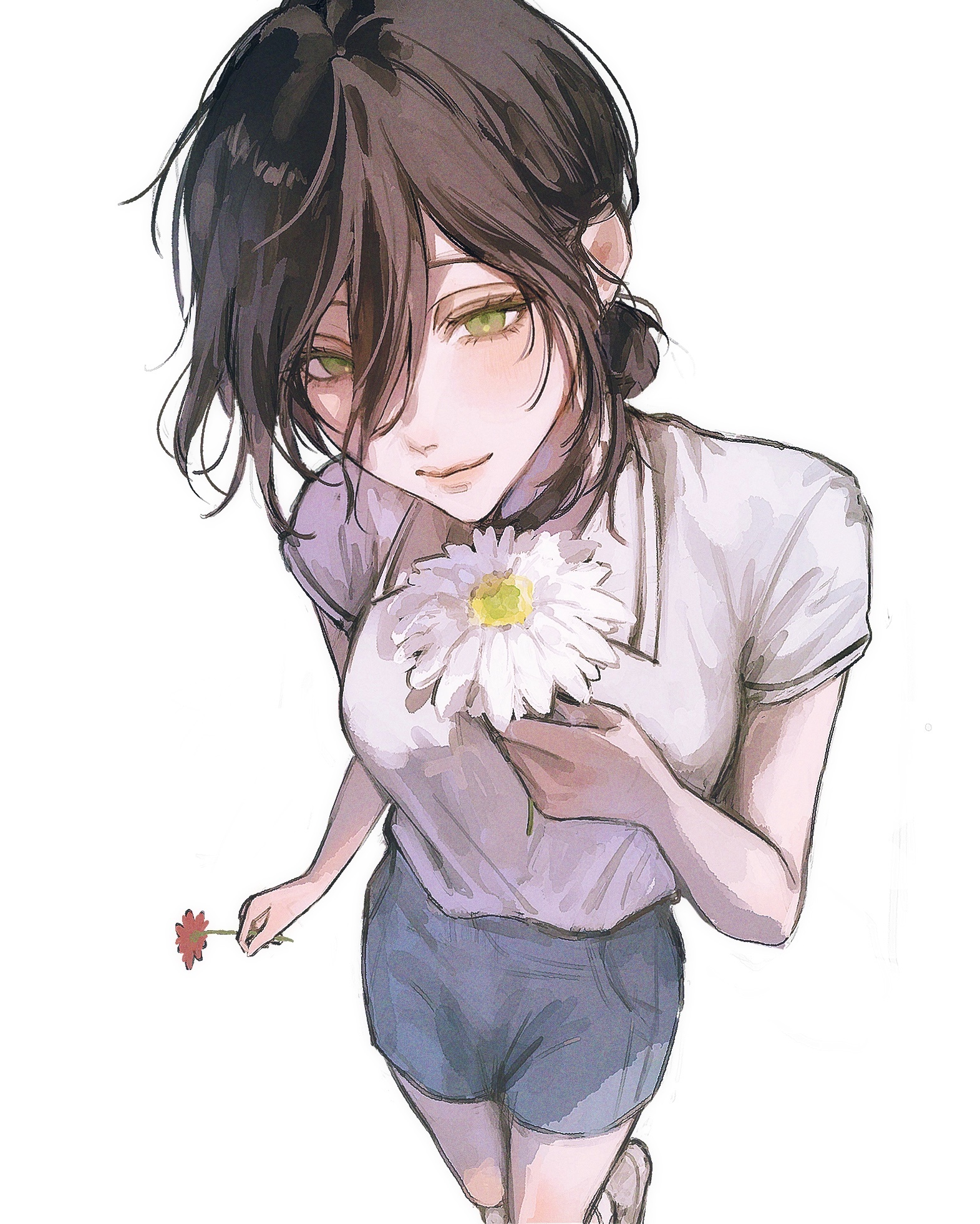 inuo (inuo x), reze (chainsaw man), chainsaw man, highres, 1girl, black choker, black hair, choker, closed mouth, collared shirt, cropped legs, daisy (flower), denim, denim shorts, feet out of frame, flower, from above, green eyes, hair between eyes, hair bun, holding, holding flower, long hair between eyes, looking at viewer, medium hair, red flower, shirt, short sleeves, shorts, simple background, solo, standing, white background, white flower
