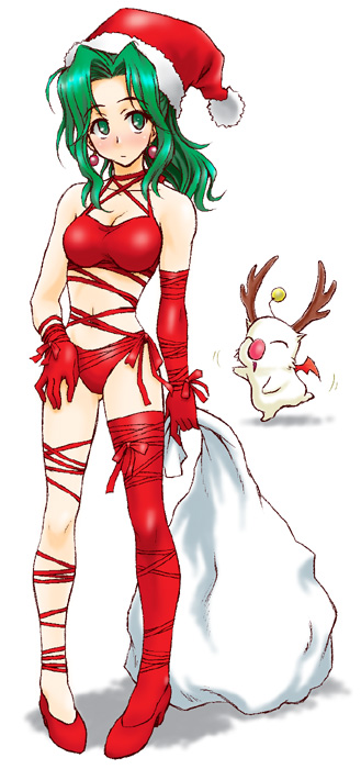 peter (artist), piitaa (peter009), moogle, tina branford, final fantasy, final fantasy vi, 1990s (style), 1girl, antlers, bra, christmas, earrings, female focus, green eyes, green hair, hat, high heels, horns, jewelry, lingerie, matching hair/eyes, panties, retro artstyle, ribbon, sack, santa costume, santa hat, shoes, solo, thighhighs, underwear, underwear only