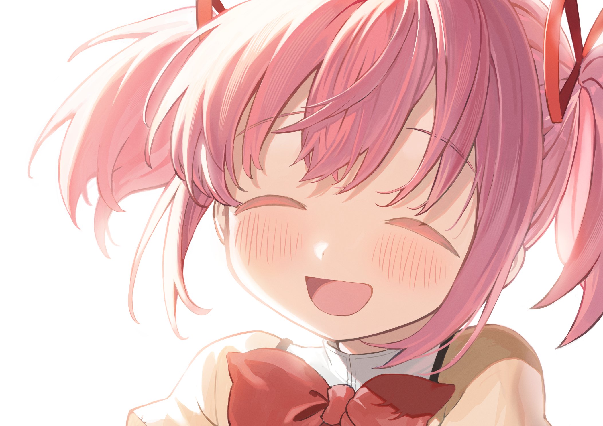 cocoa (ultra mdk), kaname madoka, mahou shoujo madoka magica, mahou shoujo madoka magica (anime), commentary request, highres, 1girl, :d, ^ ^, blush, bow, bowtie, closed eyes, hair ribbon, mitakihara school uniform, open mouth, pink hair, portrait, red bow, red bowtie, red ribbon, ribbon, school uniform, shirt, short hair, short twintails, sidelocks, simple background, smile, solo, twintails, white background, yellow shirt