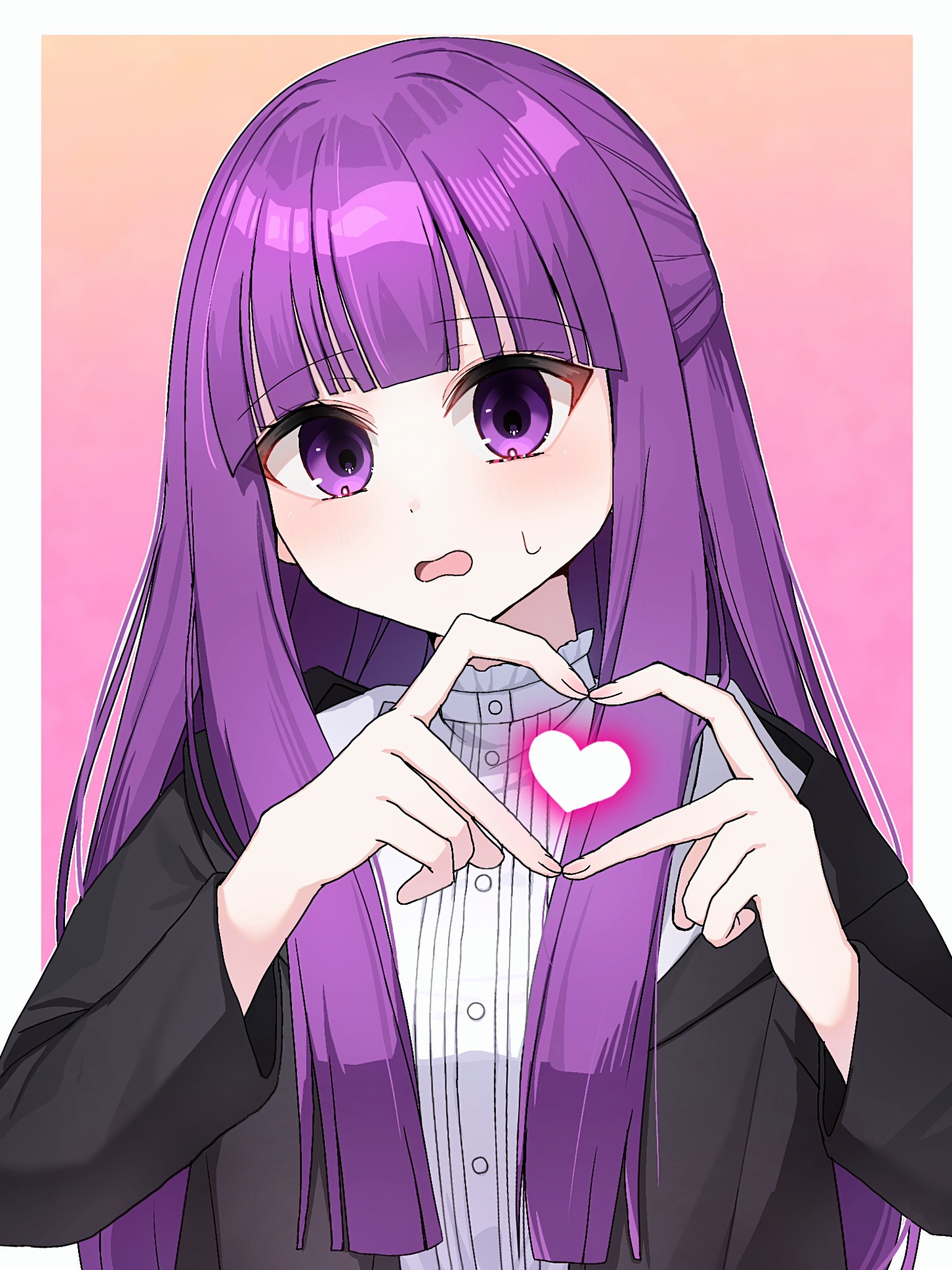 fern (sousou no frieren), sousou no frieren, commentary request, highres, 1girl, :o, arched bangs, black robe, blunt bangs, blush, dress, fingernails, four-finger heart hands, gradient background, half updo, heart, heart hands, heart in heart hands, long hair, long sleeves, looking at viewer, outline, outside border, purple eyes, purple hair, robe, simple background, solo, straight hair, suika (jmac2383), sweatdrop, upper body, very long hair, white dress, white outline