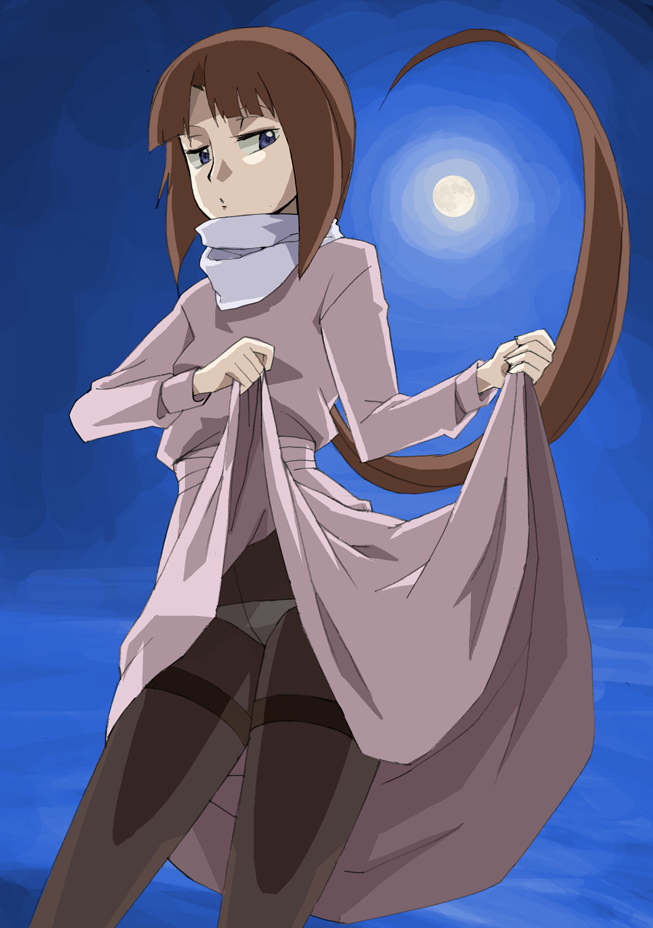 jaga note, tiffa adill, after war gundam x, gundam, bad id, bad pixiv id, 1girl, black pantyhose, blue eyes, brown hair, crotch seam, dress, female focus, panties, panties under pantyhose, pantyhose, pantyshot, solo, thighband pantyhose, underwear
