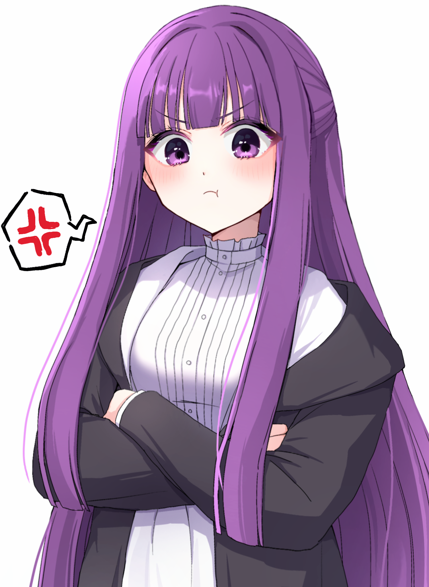 fern (sousou no frieren), sousou no frieren, commentary request, highres, 1girl, :t, anger vein, black robe, blunt bangs, blush, crossed arms, dress, half updo, long hair, looking at viewer, purple eyes, purple hair, robe, simple background, solo, spoken anger vein, straight hair, suika (jmac2383), v-shaped eyebrows, very long hair, white background, white dress