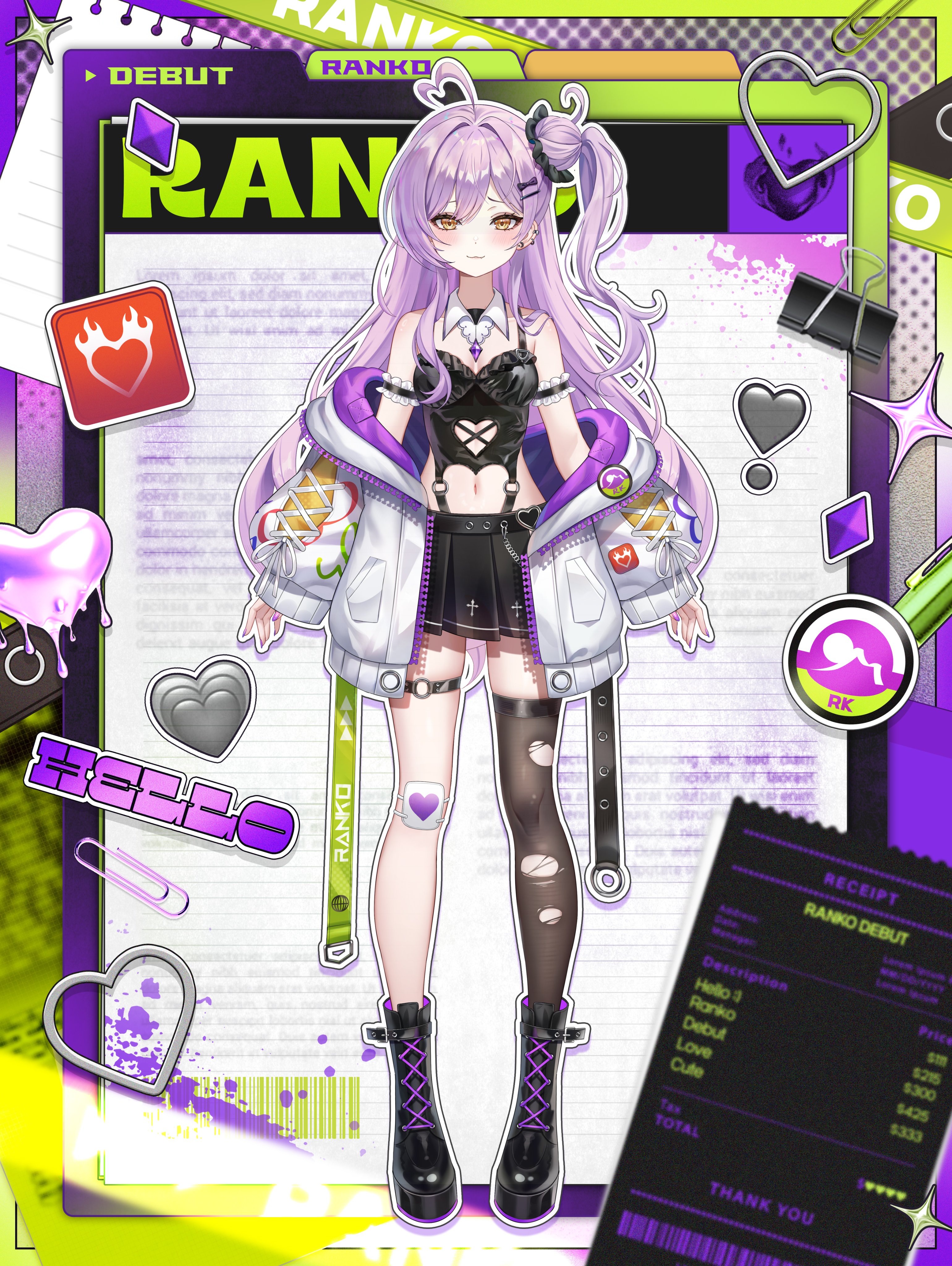 mrr 05, indie virtual youtuber, absurdres, highres, official art, 1girl, :3, ahoge, arm garter, bandaid, bandaid on knee, bandaid on leg, bare shoulders, black boots, black shirt, black skirt, boots, breasts, brown thighhighs, closed mouth, clothing cutout, crop top, detached collar, full body, hair bun, heart, heart ahoge, heart cutout, jacket, knee boots, long hair, looking at viewer, medium breasts, midriff, miniskirt, navel, off shoulder, one side up, pleated skirt, purple hair, ranko (vtuber), shirt, single side bun, single thighhigh, skirt, sleeveless, sleeveless shirt, smile, solo, stomach, thigh strap, thighhighs, torn clothes, torn thighhighs, very long hair, virtual youtuber, white jacket, yellow eyes