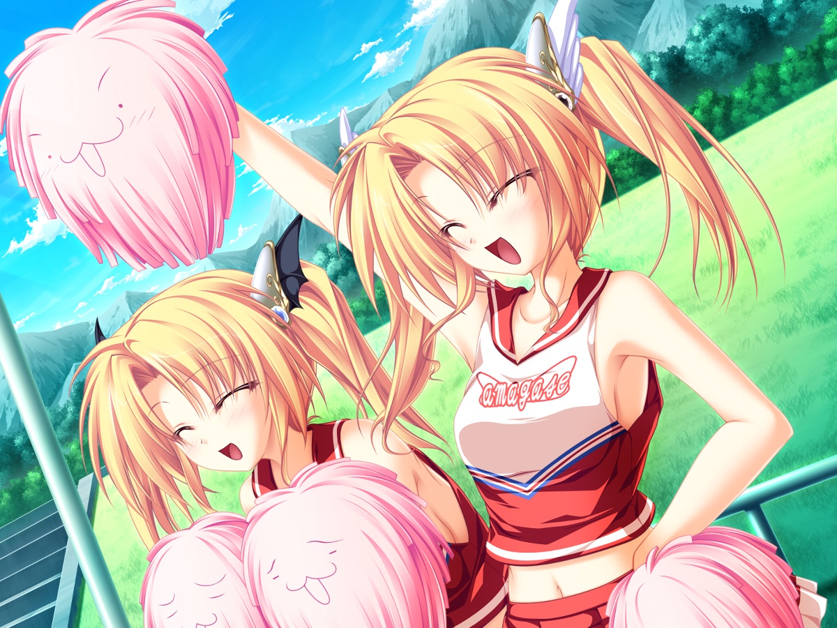 tenmaso, nina geminis, rena geminis, magus tale, game cg, non-web source, 2girls, arm up, blonde hair, breasts, cheerleader, closed eyes, hair ornament, hairclip, hand on own hip, midriff, multiple girls, pom pom (cheerleading), siblings, sideboob, sisters, small breasts, twins, twintails