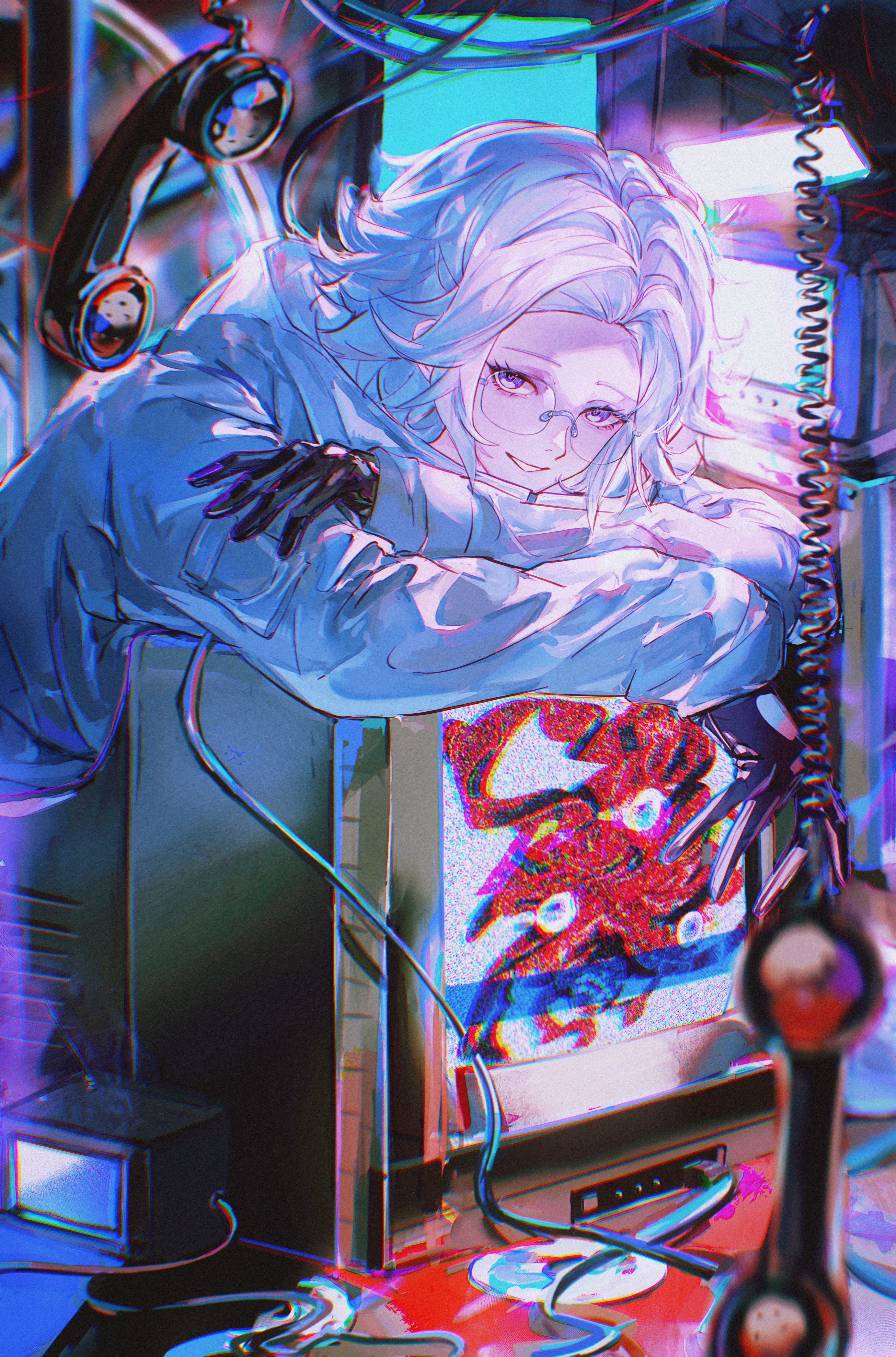 aotsuki eito, the hundred line -last defense academy-, absurdres, chinese commentary, commentary request, highres, 1boy, black gloves, blurry, blurry foreground, cable, crossed arms, crt, disc, glasses, gloves, grey hair, head rest, jacket, leaning on object, looking at viewer, male focus, monster, phone, purple eyes, sakrabbit, short hair, smile, solo, white jacket