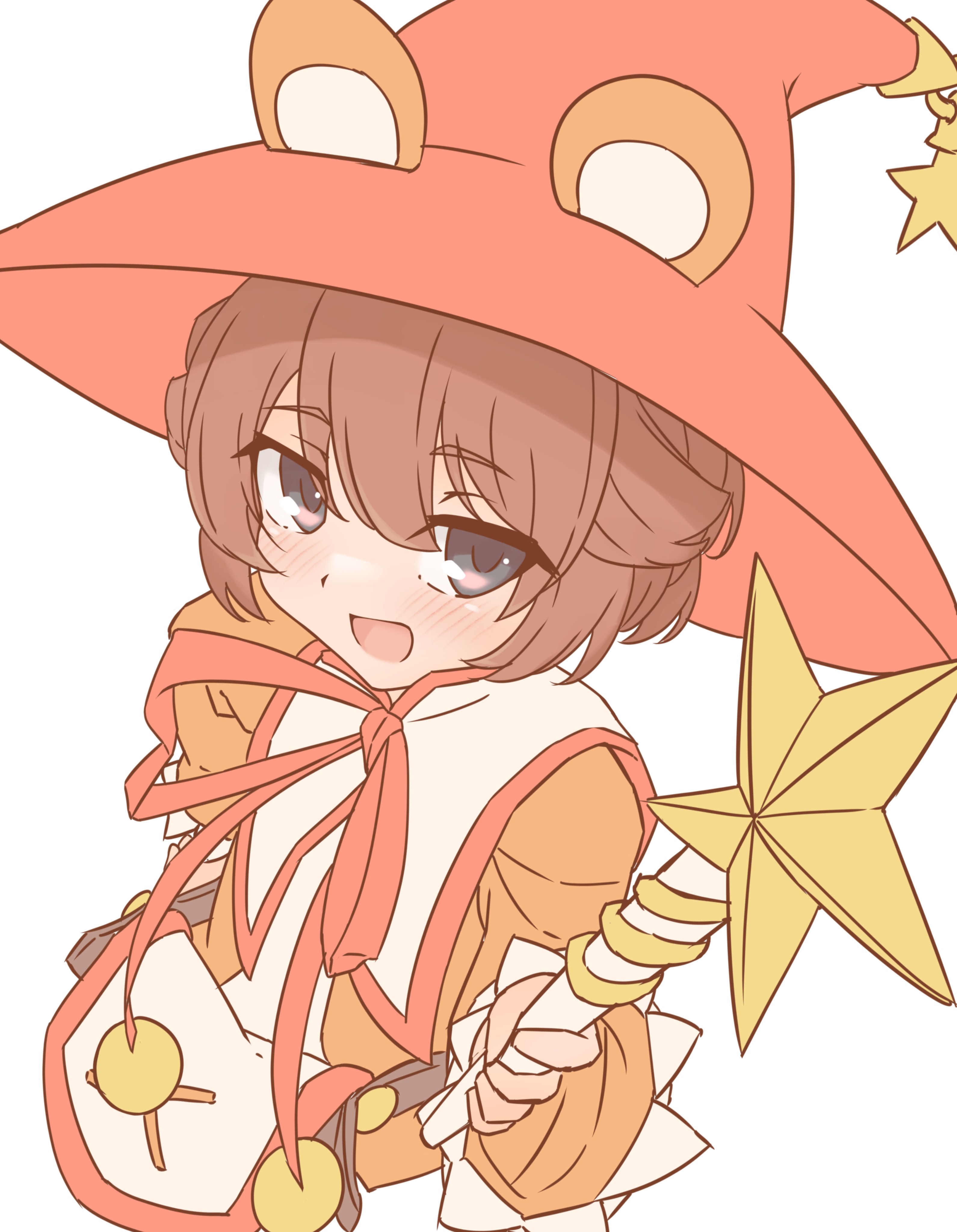 silver-index, tiny alma, emil chronicle online, absurdres, highres, 1girl, animal ears, bear ears, bear girl, brown hair, capelet, dress, from above, grey eyes, hat, holding, holding wand, looking at viewer, open mouth, orange dress, red hat, solo, wand, white background, white capelet, witch hat
