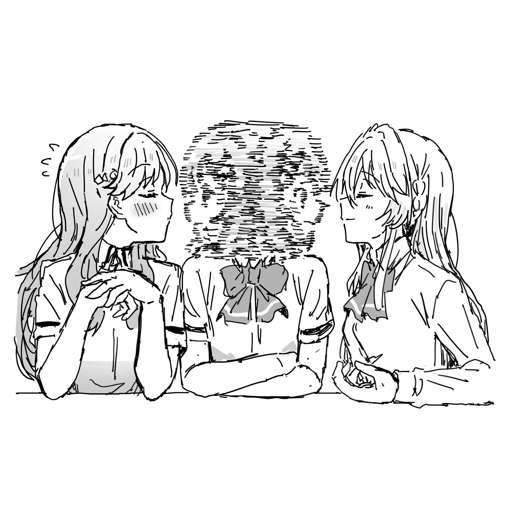 hellfire00001, amaori renako, ouzuka mai, sena ajisai, the weaker sex 1 (gibson), watashi ga koibito ni nareru wake naijan murimuri!, looking around, highres, 3girls, arm on table, blush, closed eyes, elbows on table, girl sandwich, monochrome, multiple girls, parody, sandwiched, spinning head, upper body