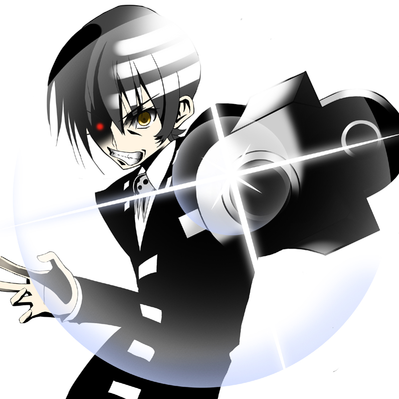 gogochi, death the kid, soul eater, bad id, bad pixiv id, 00s, 1boy, black hair, gun, male focus, red eyes, short hair, solo, spot color, weapon