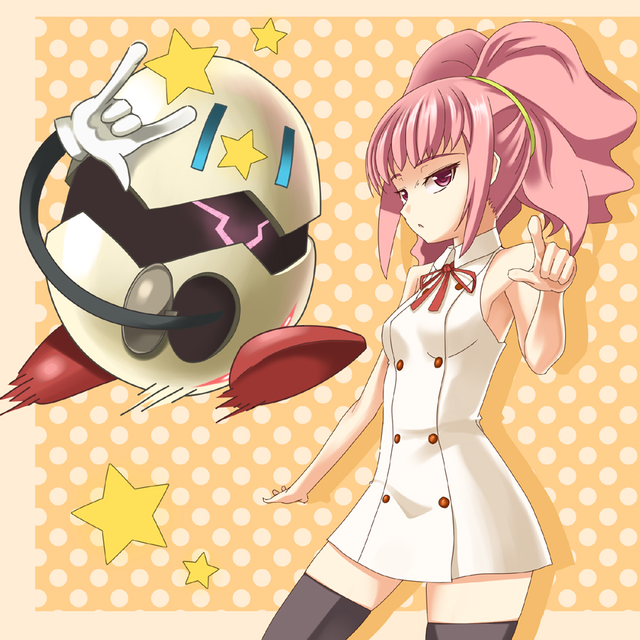 gogochi, anya alstreim, gotou yuuko, kuonji miyu, code geass, kimi ga aruji de shitsuji ga ore de, 1girl, cosplay, crossover, dress, female focus, kuonji miyu (cosplay), pink eyes, pink hair, solo, star (symbol), thighhighs, voice actor connection