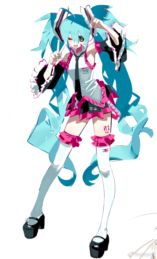 makunqaq, hatsune miku, vocaloid, chinese commentary, commentary request, 1girl, ;d, absurdly long hair, adapted costume, ahoge, alternate color, alternate hairstyle, arm up, black necktie, black shoes, black skirt, black sleeves, blue eyes, blue hair, collared shirt, contrapposto, detached sleeves, double-parted bangs, frilled shirt, frilled sleeves, frilled thighhighs, frills, full body, hair between eyes, hand up, leg tattoo, legs apart, long hair, looking at viewer, mary janes, miniskirt, necktie, one eye closed, open mouth, pink frills, pink tattoo, platform shoes, pleated skirt, shirt, shoes, simple background, skirt, sleeveless, sleeveless shirt, smile, solo, standing, tattoo, thighhighs, twintails, untucked shirt, v, very long hair, watermark, weibo watermark, white background, white shirt, white thighhighs, wide sleeves, wing collar, zettai ryouiki