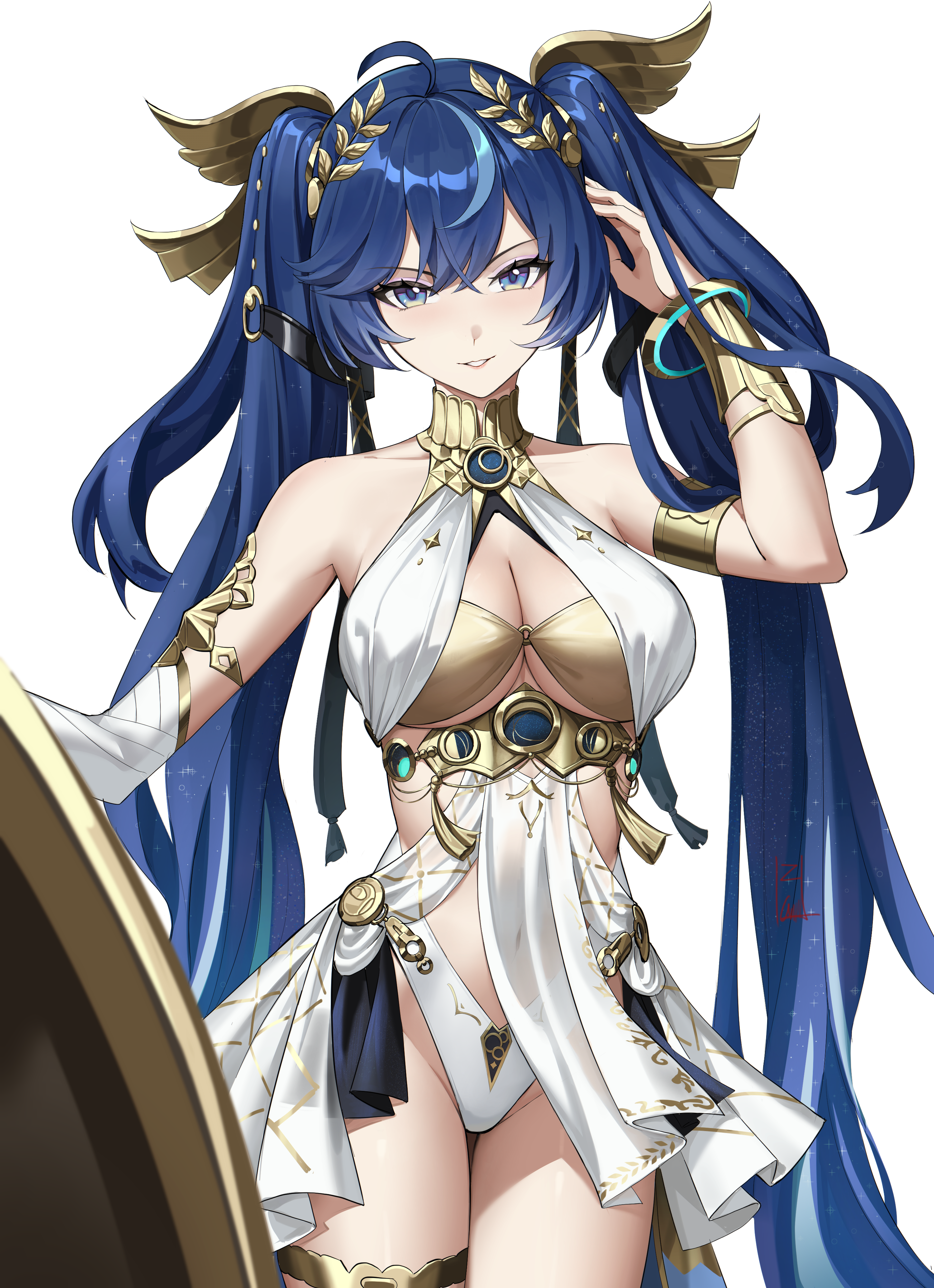 iqbqlz, iuno (wuthering waves), wuthering waves, absurdres, commentary, english commentary, highres, 1girl, ahoge, ancient greek clothes, armlet, bare shoulders, black skirt, blue eyes, breasts, cleavage, gold bra, greco-roman clothes, groin, hair belt, hand up, head wreath, jewelry, long hair, medium breasts, miniskirt, multicolored hair, parted lips, showgirl skirt, simple background, skirt, smile, solo, streaked hair, thigh gap, thighlet, thighs, twintails, vambraces, very long hair, white background