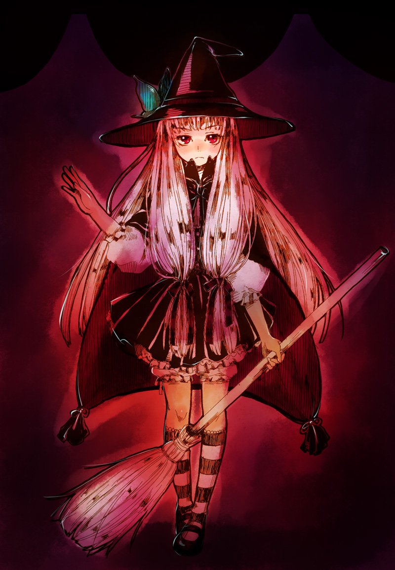 u (pixiv), usaki (ama), bad id, bad pixiv id, 1girl, broom, female focus, hat, long hair, red eyes, ribbon, socks, solo, witch, witch hat