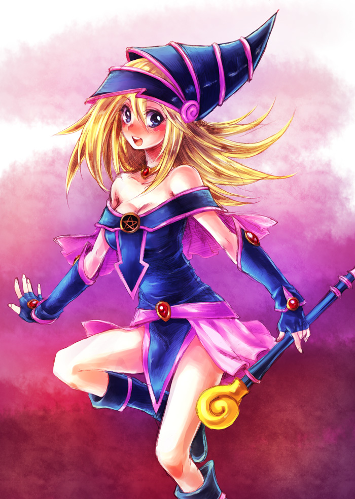 u (pixiv), usaki (ama), dark magician girl, yu-gi-oh!, yu-gi-oh! duel monsters, bad id, bad pixiv id, 1girl, blonde hair, blue boots, blue eyes, blush, boots, duel monster, pentacle, pink background