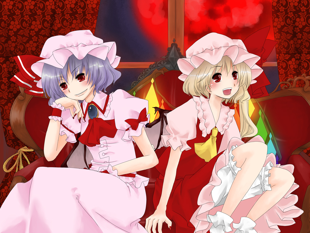 nishino miyuki, flandre scarlet, remilia scarlet, touhou, bad id, bad pixiv id, 2girls, female focus, moon, multiple girls, red moon, siblings, sisters