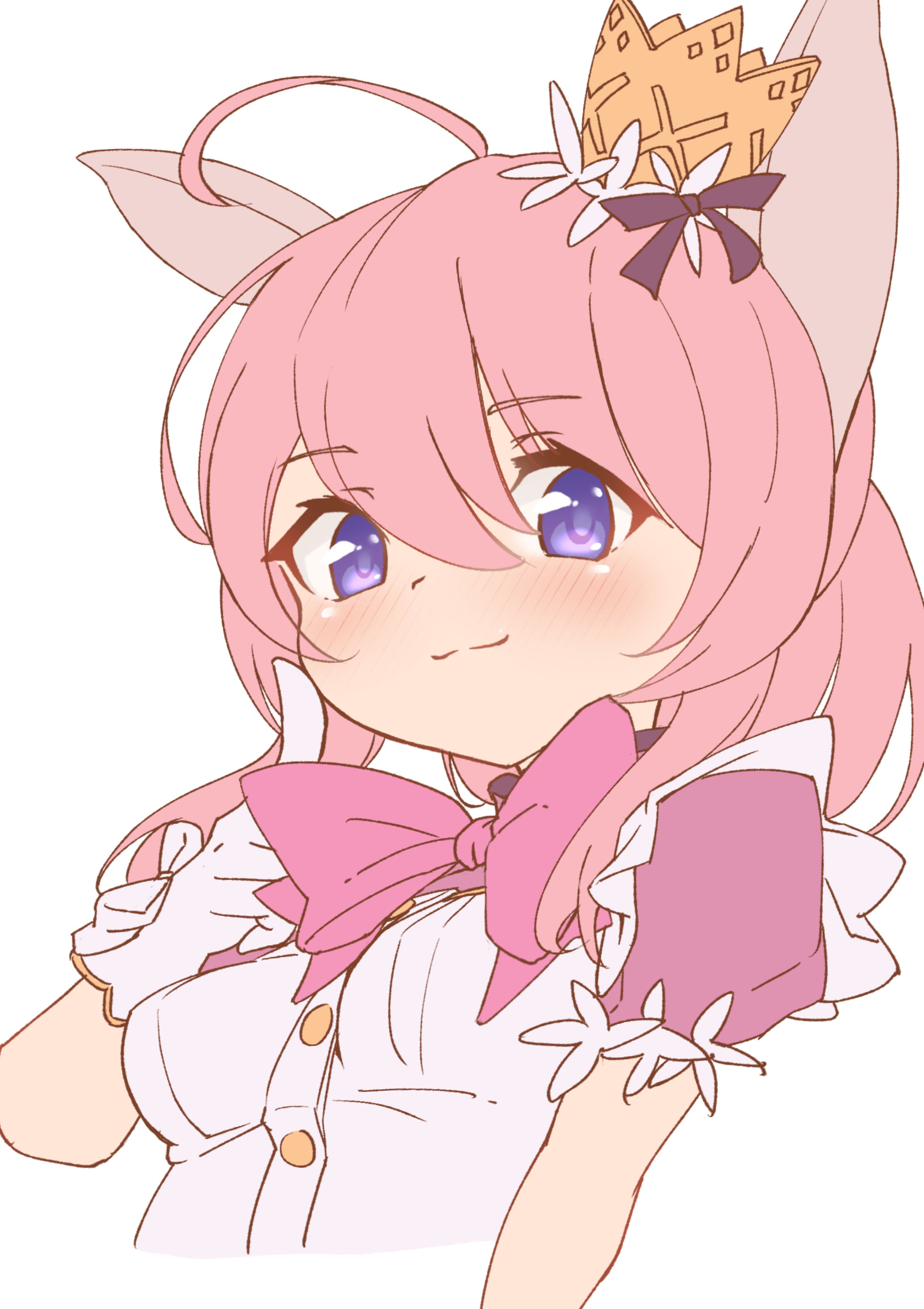silver-index, emil chronicle online, absurdres, highres, 1girl, ahoge, animal ears, apron, blue eyes, breasts, crown, dress, finger to cheek, gloves, medium breasts, minnie doe alma, neck ribbon, pink dress, pink ribbon, ponytail, rabbit ears, rabbit girl, ribbon, solo, upper body, white apron, white background, white gloves