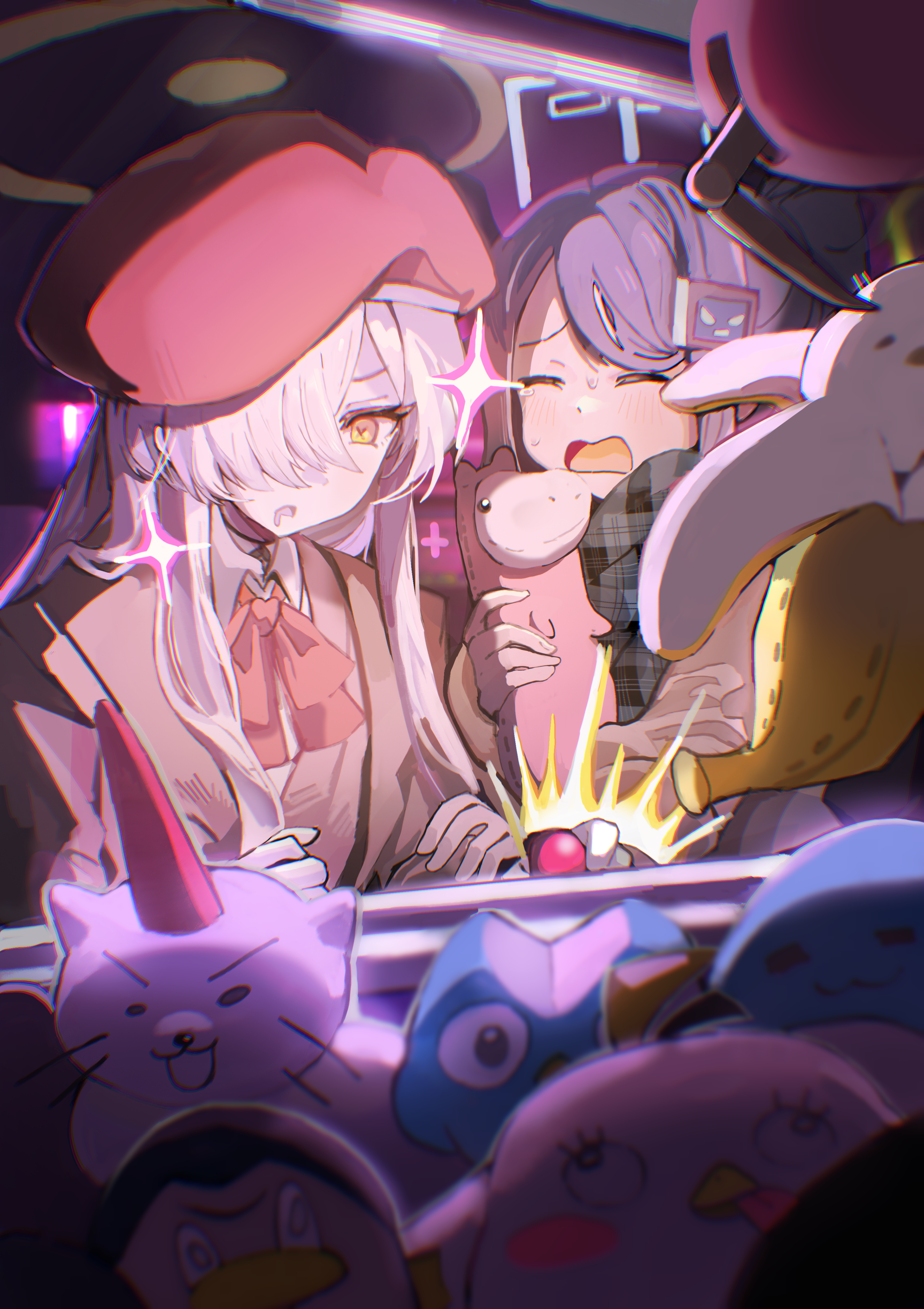 konattang, aris (blue archive), aris (winter) (blue archive), big brother (blue archive), kei (robot) (blue archive), malkuth (blue archive), peroro (blue archive), blue archive, absurdres, commentary request, highres, angry adelie (blue archive), beret, blue hair, blue halo, bow, bowtie, brown jacket, brown sweater, checkered clothes, checkered scarf, collared shirt, crane game, crying, dark background, doll, drooling, grey scarf, hair ornament, hair over one eye, halo, hat, holding, holding doll, jacket, open mouth, parted bangs, rectangular halo, red bow, red bowtie, red hat, saikyo ikkaku raion (blue archive), scarf, shirt, sparkle, stuffed animal, stuffed chicken, stuffed penguin, stuffed toy, stuffed unicorn, stuffed whale, sweat, sweater, symbol-shaped pupils, tearing up, white hair, x-shaped pupils, yellow halo