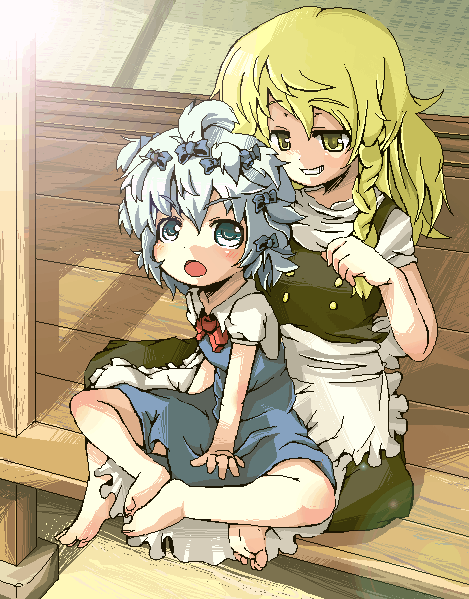rihhi, cirno, kirisame marisa, embodiment of scarlet devil, touhou, bad id, bad pixiv id, 2girls, barefoot, blonde hair, blue hair, braid, feet, female focus, grin, long hair, multiple girls, oekaki, ribbon, short hair, smile