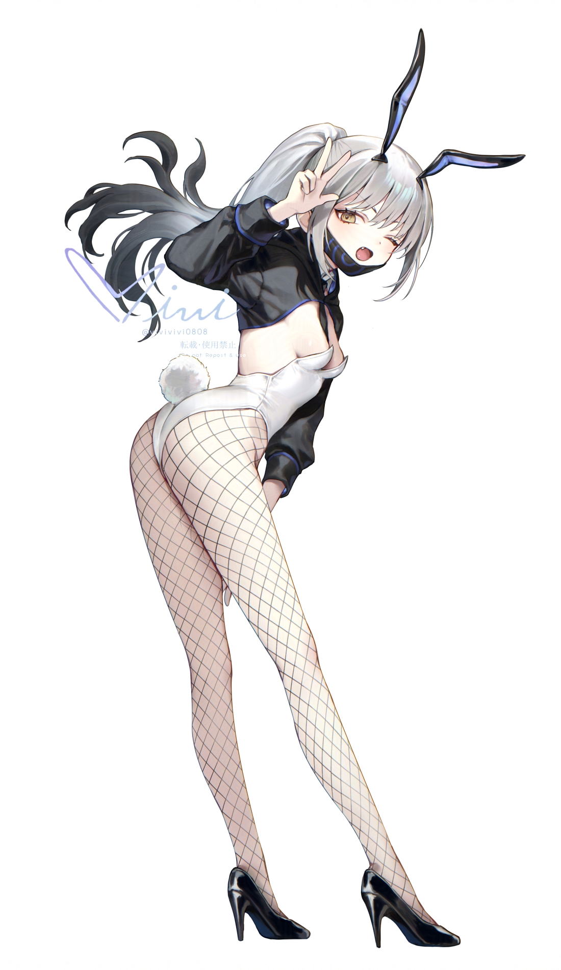 siiqa vivi, melusine (fate), melusine (swimsuit ruler) (fate), melusine (swimsuit ruler) (first ascension) (fate), fate/grand order, fate (series), highres, 1girl, alternate costume, animal ears, ass, black shrug, breasts, fake animal ears, fake tail, fishnet pantyhose, fishnets, forked eyebrows, full body, high ponytail, leotard, long hair, long sleeves, looking at viewer, mask, mouth mask, one eye closed, open mouth, pantyhose, playboy bunny, ponytail, rabbit ears, rabbit tail, shrug (clothing), sidelocks, small breasts, solo, tail, white hair, white leotard, yellow eyes