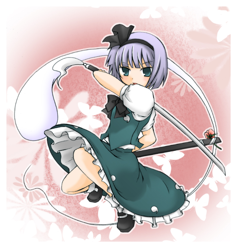 kashiwa, kashiwadokoro, konpaku youmu, konpaku youmu (ghost), touhou, silver hair, 1girl, female focus, ghost, hitodama, katana, ribbon, school uniform, serafuku, short hair, solo, sword, weapon