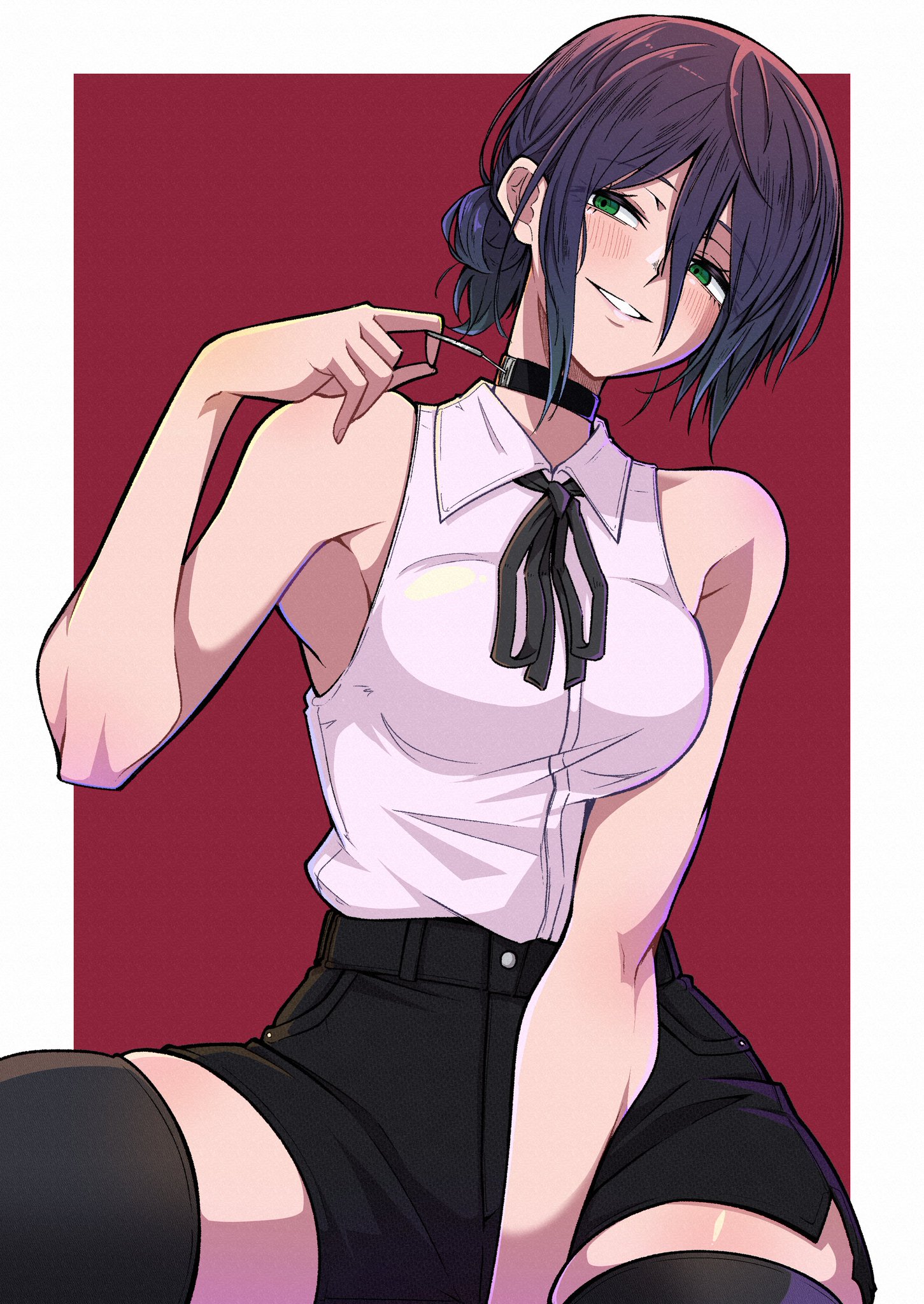 shinonome mozuku, reze (chainsaw man), chainsaw man, commentary request, highres, 1girl, arm between legs, bare shoulders, black choker, black hair, black ribbon, black shorts, black thighhighs, blush, breasts, choker, collared shirt, green eyes, grenade pin, hair between eyes, hair bun, high-waist shorts, long hair between eyes, medium breasts, neck ribbon, parted lips, pull cord, red background, ribbon, shirt, shirt tucked in, short hair, shorts, sitting, sleeveless, sleeveless shirt, solo, thighhighs, two-tone background, white background, white shirt, zettai ryouiki