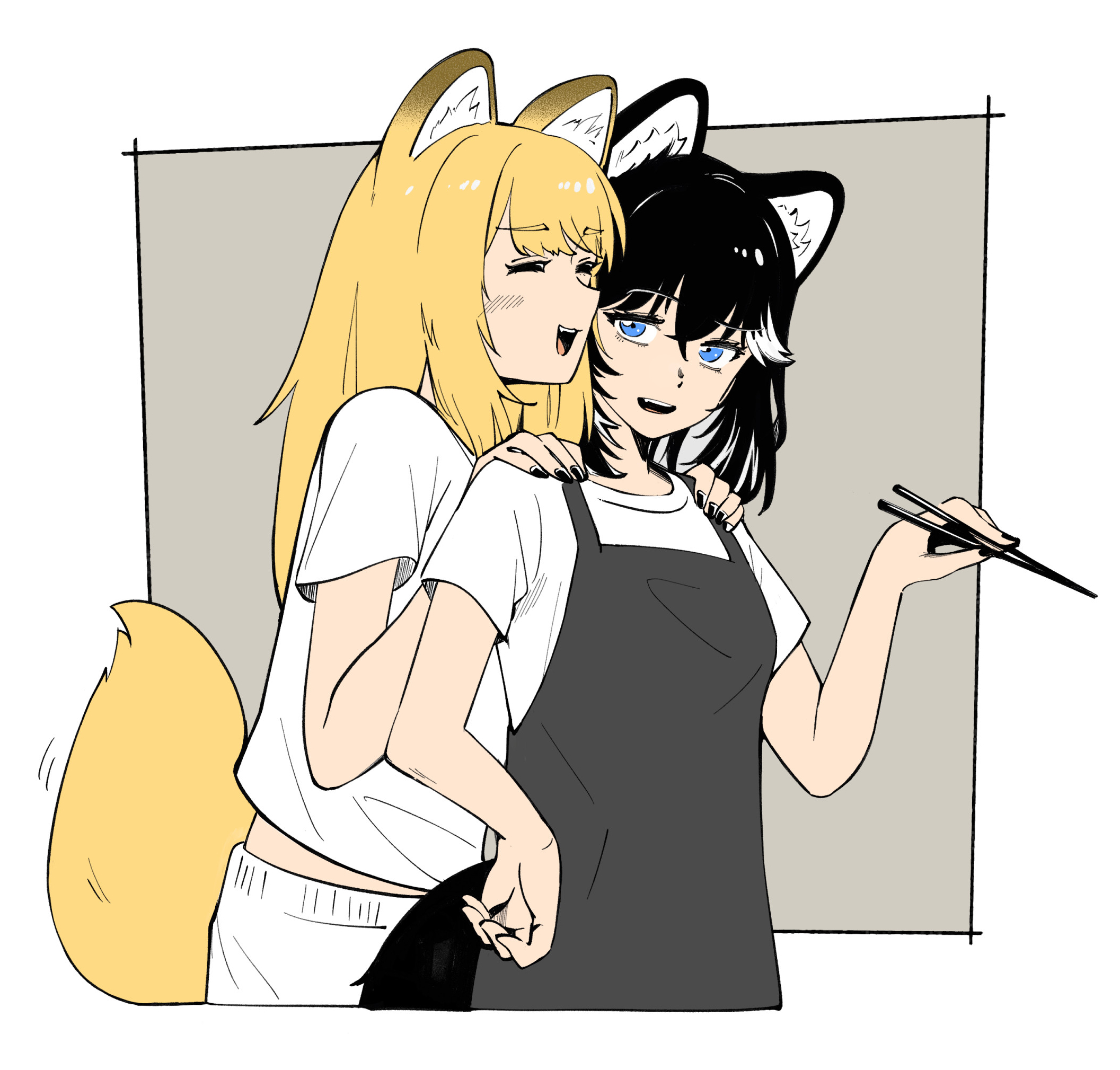 itsumeee3, lita (kmnz), nero (kmnz), kmnz, commentary, english commentary, highres, 2girls, animal ears, apron, black apron, black hair, black nails, blonde hair, blue eyes, border, chopsticks, closed eyes, cropped legs, crossed bangs, dog ears, dog girl, dog tail, fingernails, grey background, hair between eyes, holding, holding chopsticks, long hair, looking at another, multicolored hair, multiple girls, nail polish, open mouth, outside border, shirt, short hair, short sleeves, smile, streaked hair, tail, virtual youtuber, white border, white shirt, white streaks