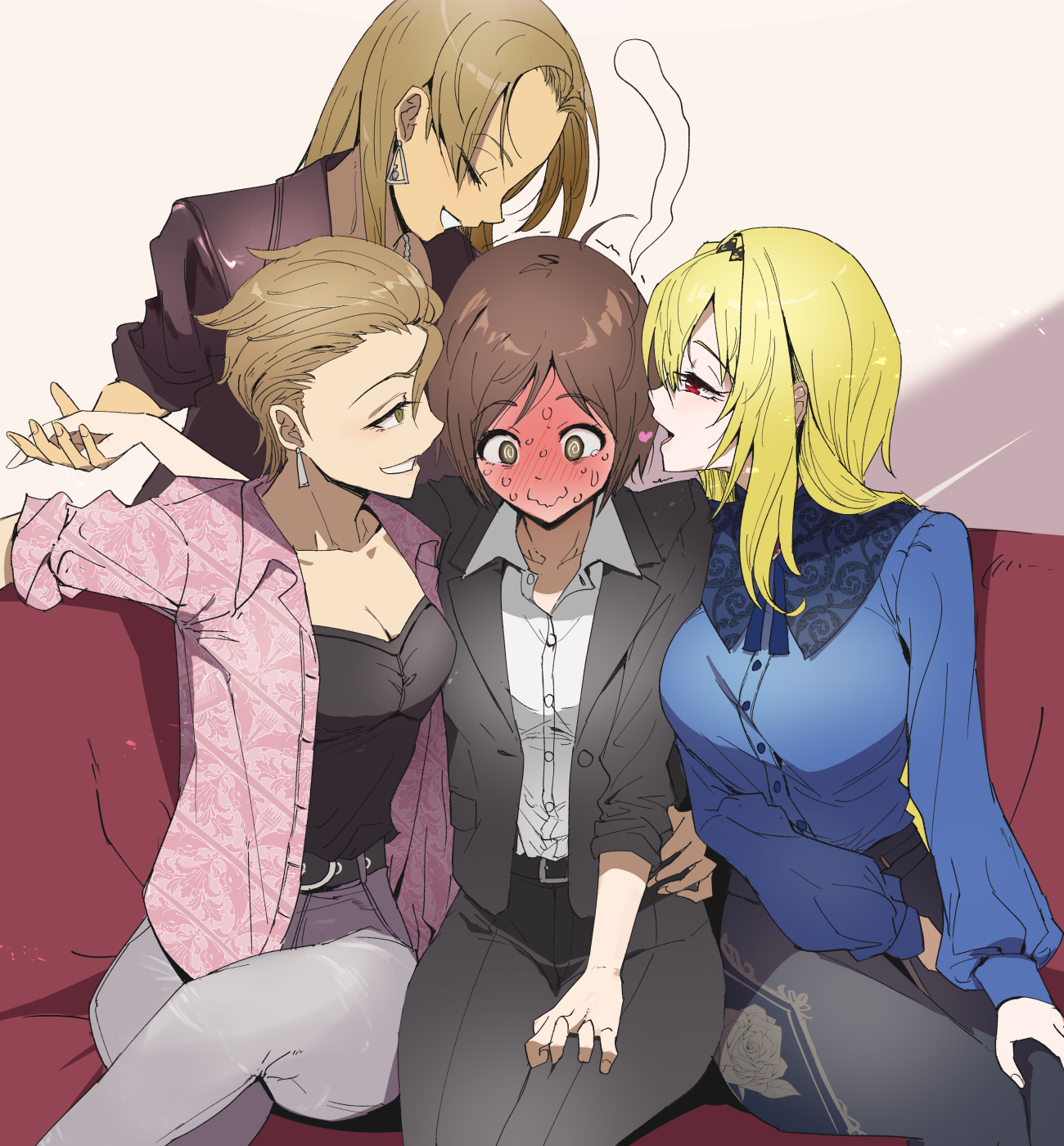 kawaty, kimura natsuki, kurosaki chitose, matsunaga ryo, producer (idolmaster), idolmaster, idolmaster cinderella girls, commentary request, highres, 4girls, arm around waist, black suit, blonde hair, blue shirt, blush, breasts, brown hair, cleavage, collarbone, couch, dress shirt, formal clothes, full-face blush, girl sandwich, harem, head steam, heart, jacket, large breasts, looking at another, looking down, multiple girls, nervous smile, nervous sweating, on couch, pink jacket, sandwiched, shirt, sitting, smile, suit, surrounded, sweat, trembling, wavy mouth, white shirt, yuri