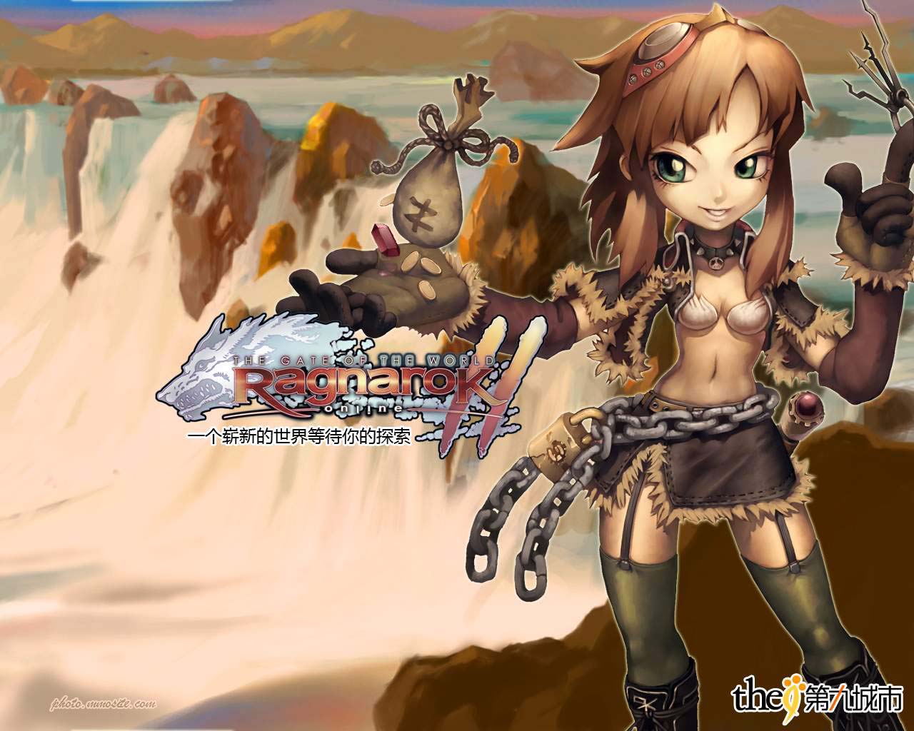 thief (ro2), ragnarok online 2, ragnarok online 2: gate of the world, brown hair, chain, coin, gloves, green eyes, midriff, skirt, smile, solo, thighhighs